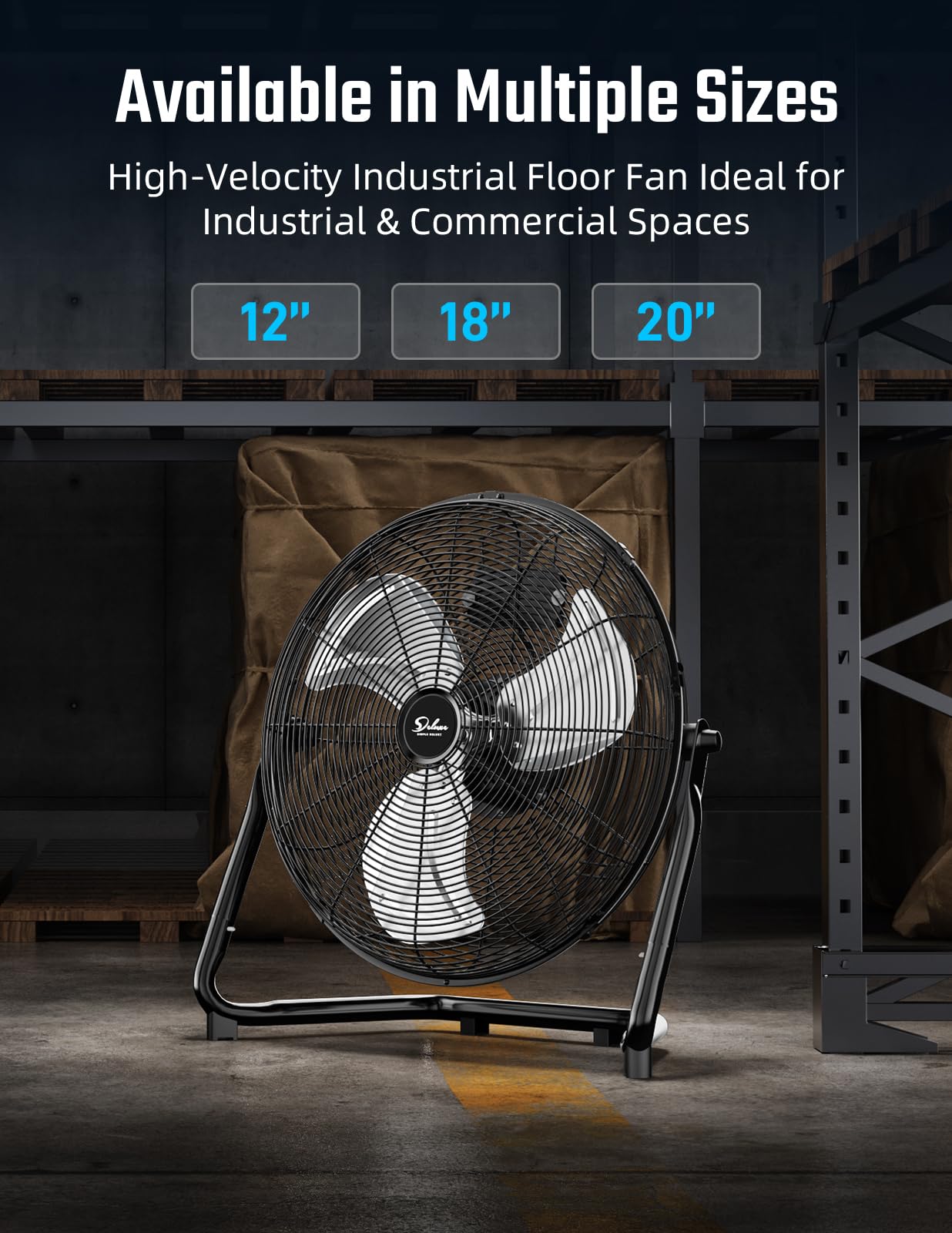 Simple Deluxe 20 Inch 3-Speed High Velocity Heavy Duty Metal Industrial Floor Fans , Black, 20"