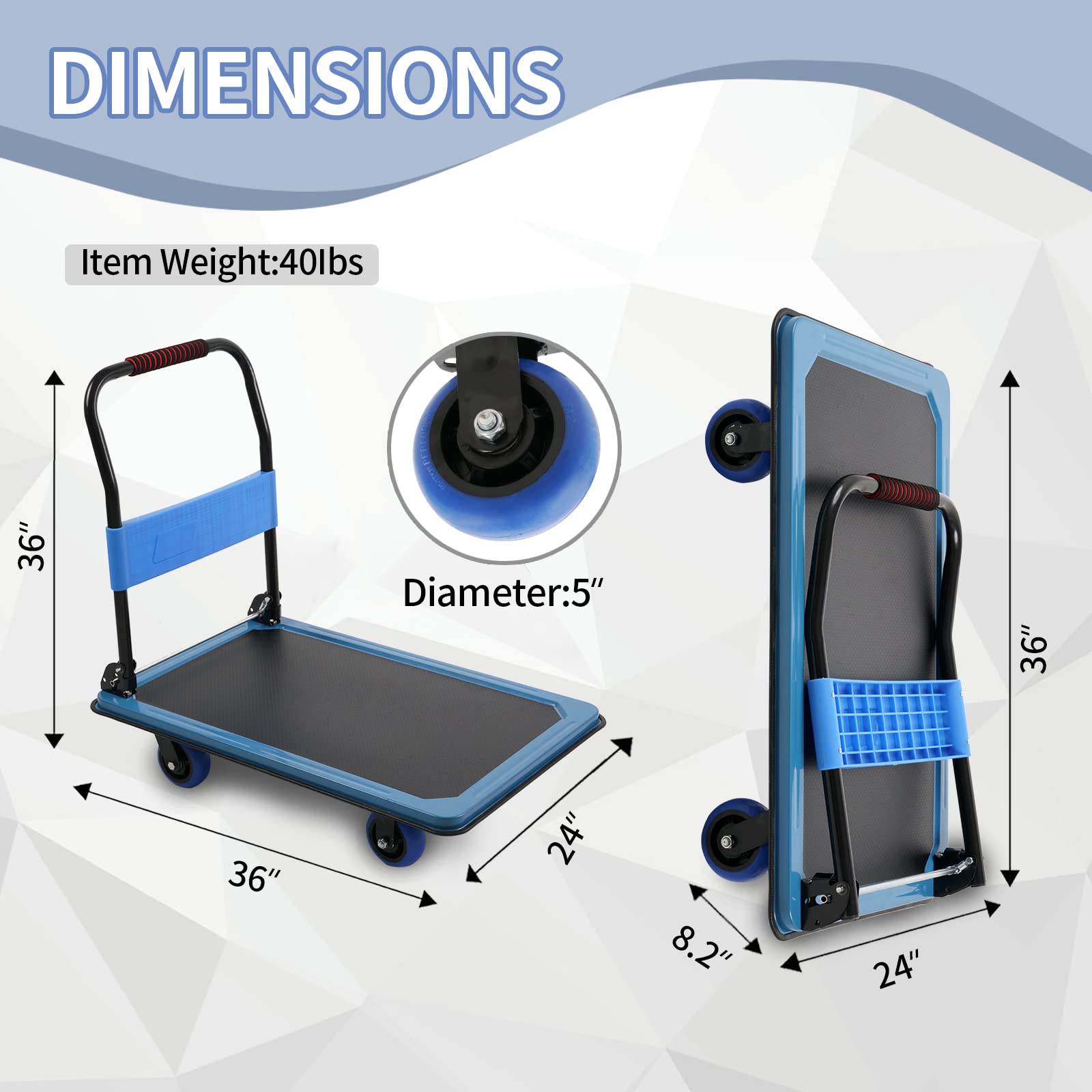 Heavy Duty Platform Truck, Push Cart Furniture Dolly with 1100Lbs Capacity and 5'' TPR 360 Degree Swivel Wheels for Loading and Storage 36x24Inch