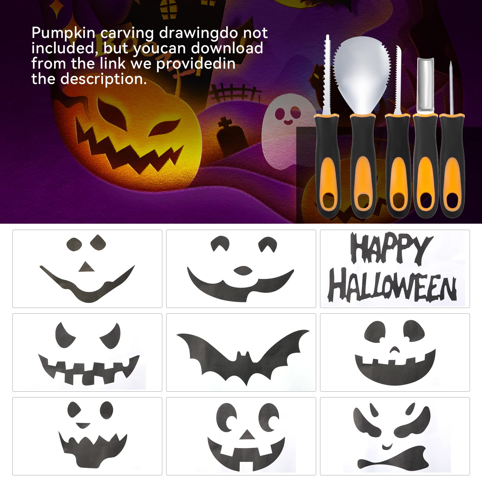 YUET Halloween Pumpkin Carving Kit, 5PCS Professional Sculpting Tools Carving Set, Heavy Duty Stainless Steel, with Stickers and Carrying Bag, for Adults Or Kids, Halloween Decorations Jack-O-Lanterns