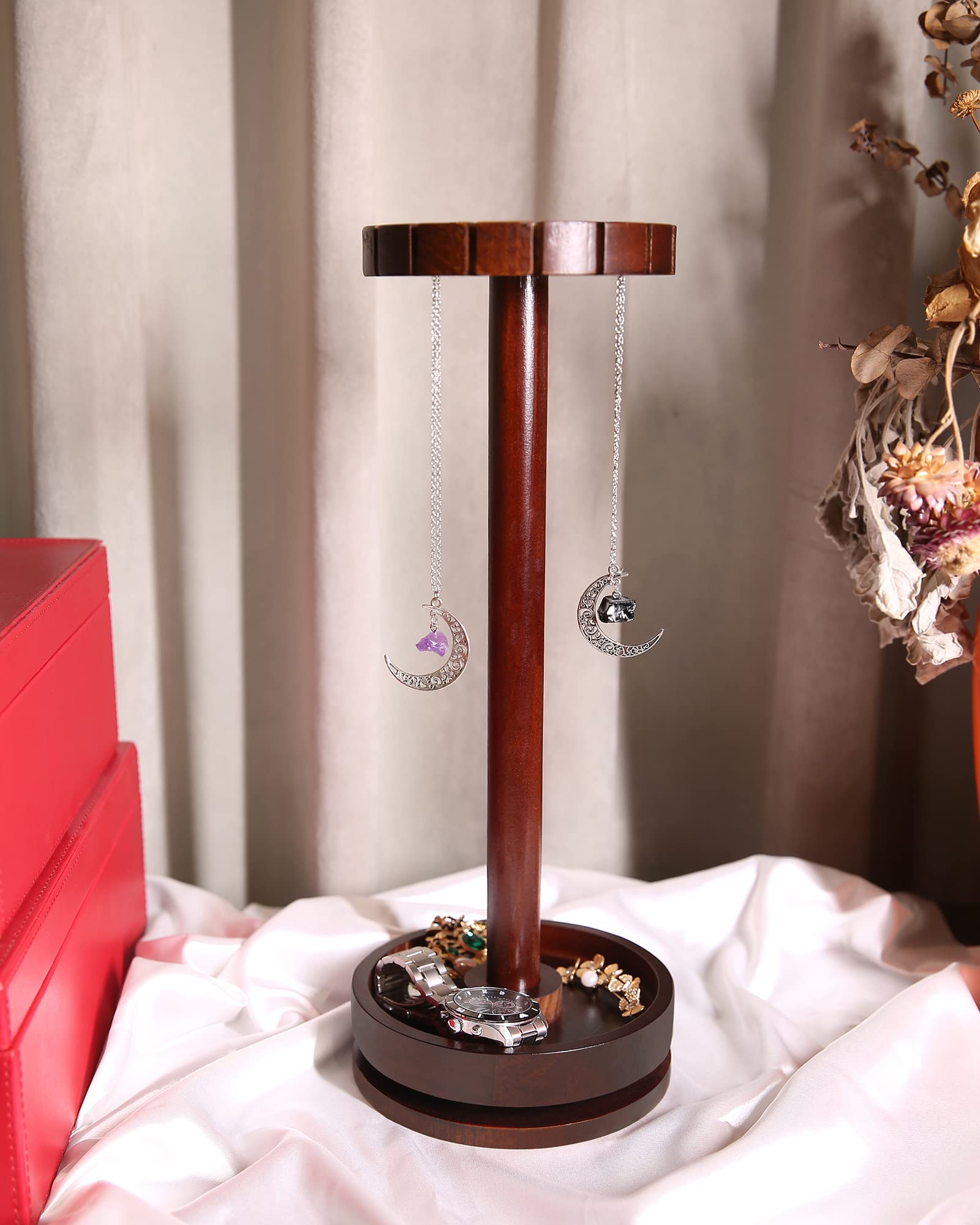 Ceiner Moon Phase Pendulum Display Stand with Tray, Wood Wiccan Rotating Crystal Holder for Up 16 Divination Dowsing Pendulums, Witch Organizer for Necklace Healing Stone Gift Rack