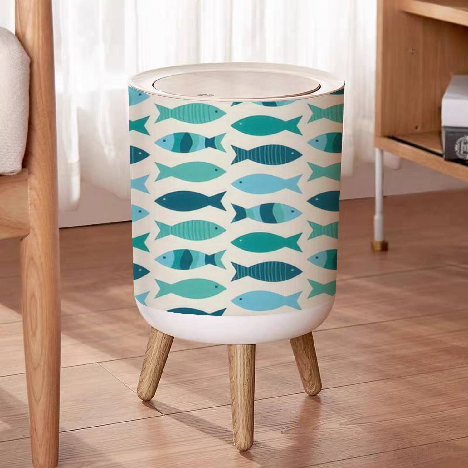 Round Trash Can with Lid Coastal fish seamless blue teal green fish a light sand Modern Press Top Recycle Bin Small Garbage Can Dog Proof Wastebasket Wooden Legs Bathroom Kitchen 7L/1.8 Gallon