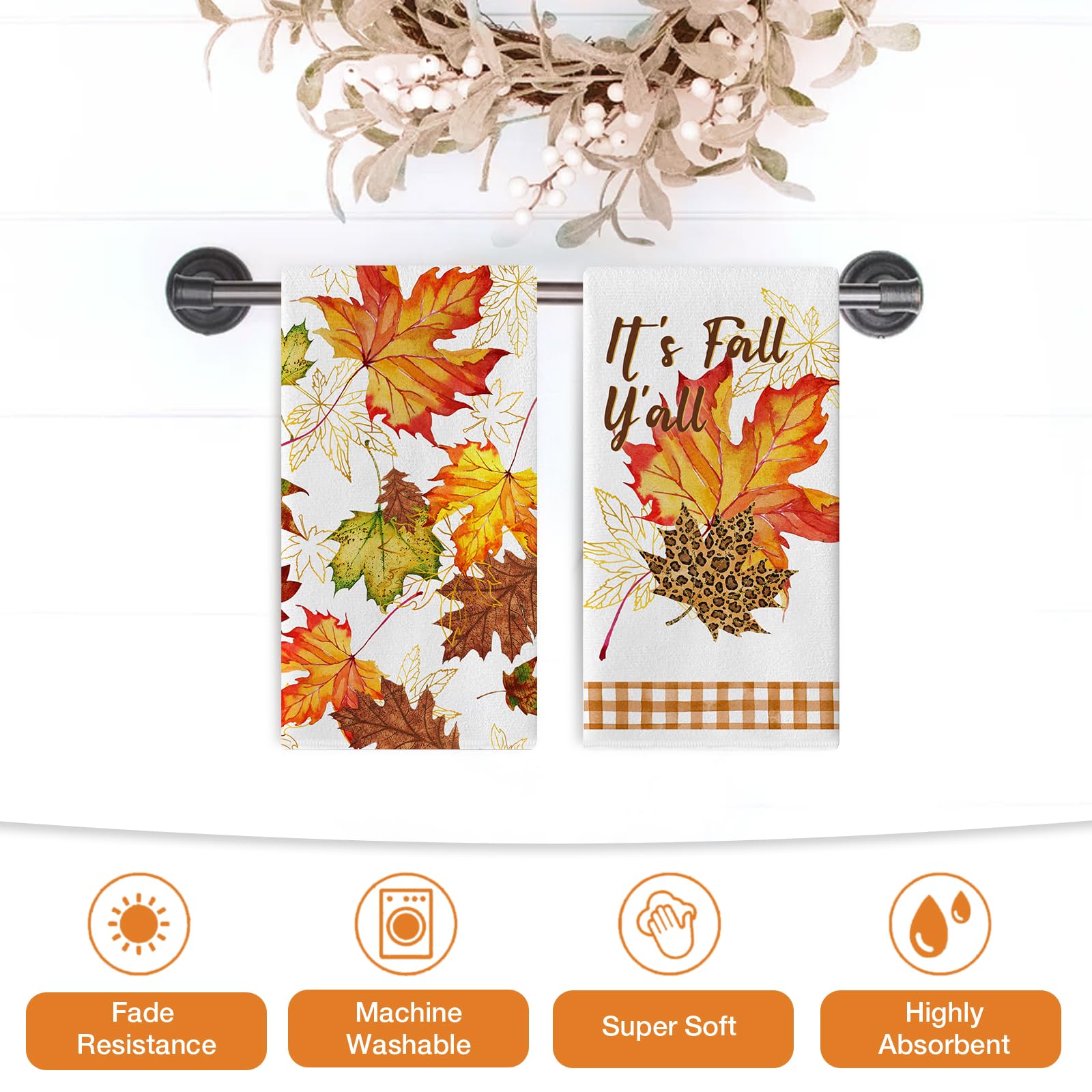 Seliem It’s Fall Y’All Maple Leaves Kitchen Dish Towel Set of 2, Watercolor Thanksgiving Leopard Leaf Fingertip Towel Hand Drying Baking Cooking Cloth, Autumn Seasonal Home Farmhouse Decoration 18x26