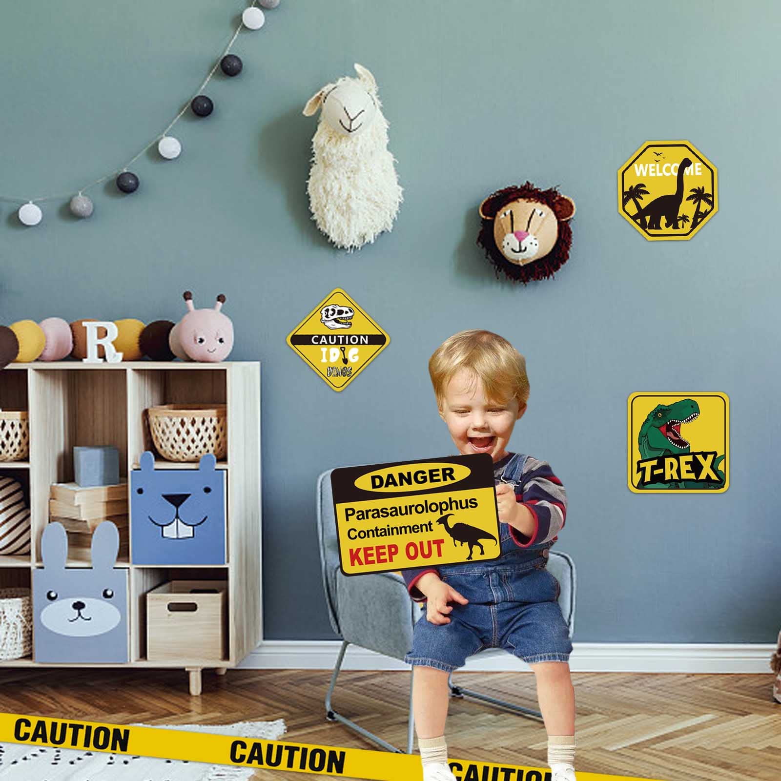 13 pcs Dinosaur Birthday Party Supplies, Dinosaur Party Decorations for Boys Kid Birthday Party Baby Shower，11.8 inch Dinosaur Theme Party Wall Decor Signs with Yellow Caution Tape