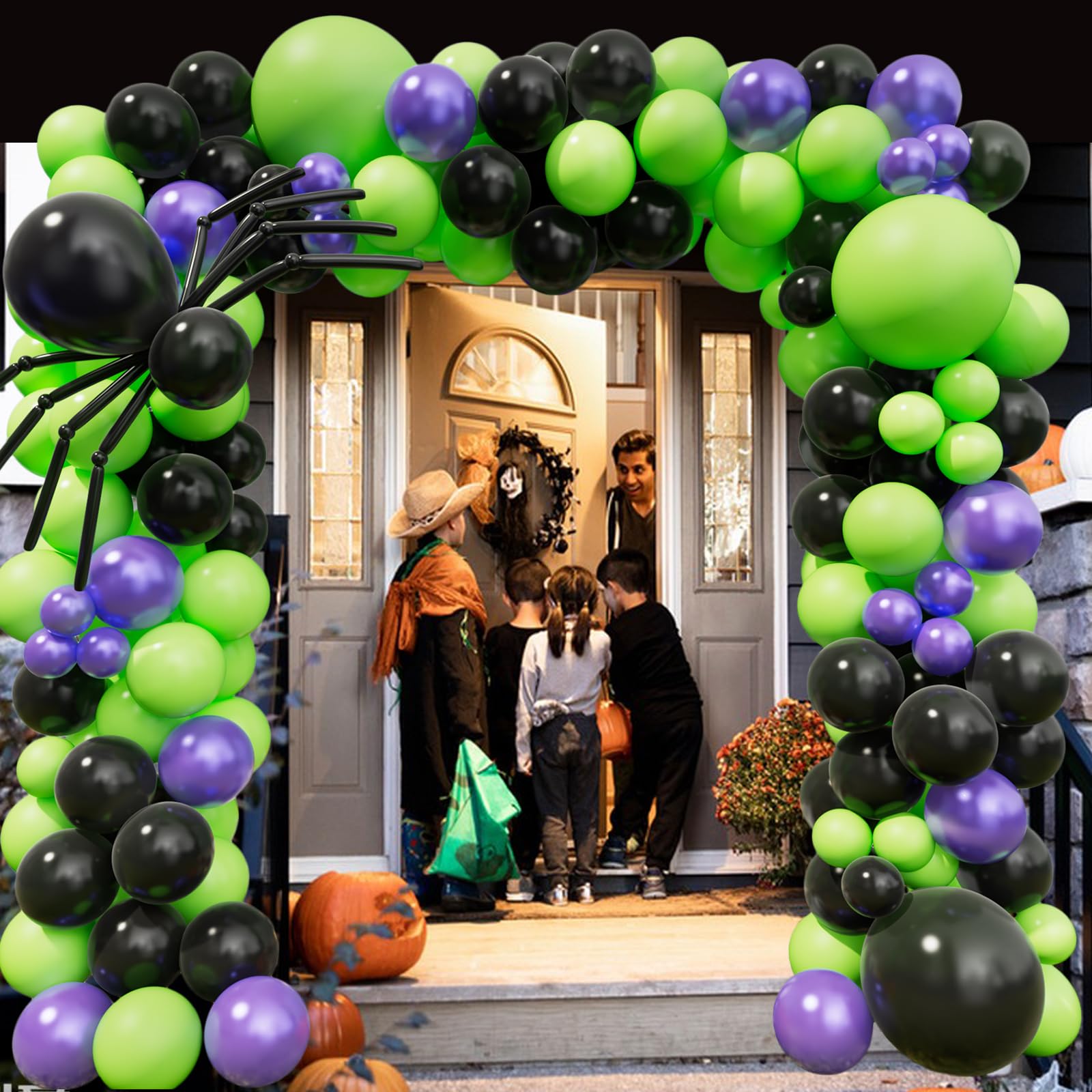 Halloween Balloon Garland Arch kit with Black Green Metallic Purple Balloons Spider Balloons, Long Balloons for Halloween Party Classroom Background Decoration