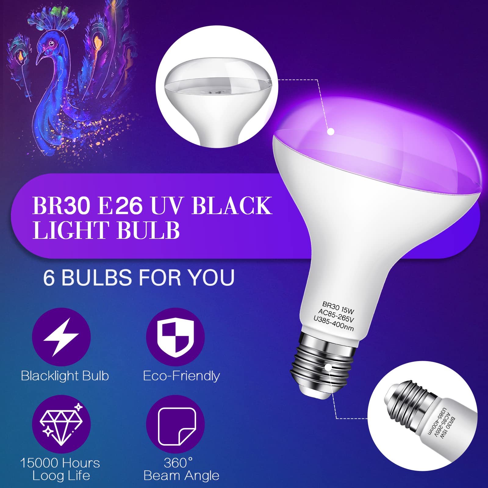 Qualirey 6 Pack Black Light Bulbs BR30 15W LED UV Blacklight Bulbs UVA Level 385-400nm E26 120W Equiv Black Light Flood Light for Glow in the Dark Halloween Party Body Paint Fluorescent Poster