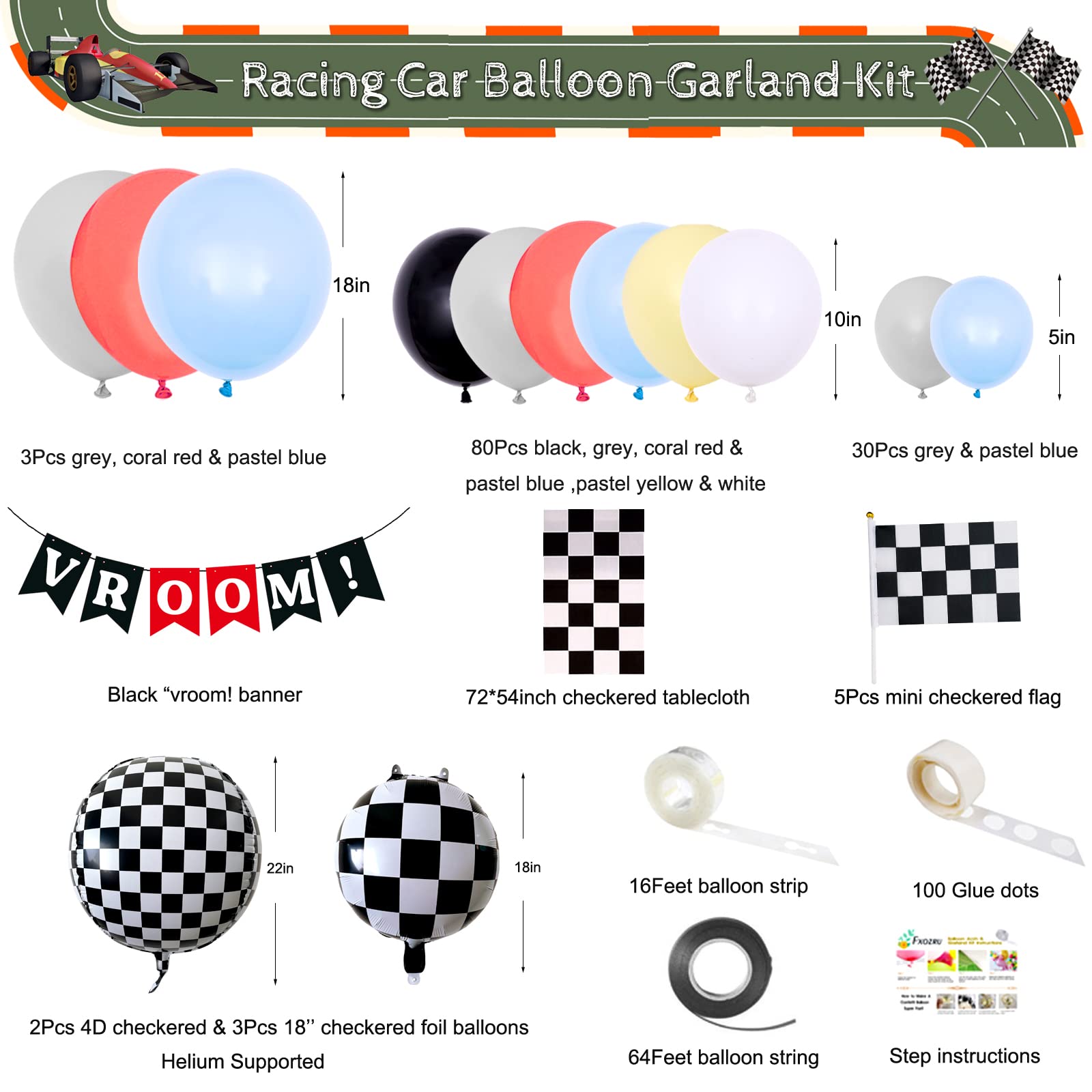 Race Balloon Garland Arch Kit Pastel Coral Gray Yellow Baby Blue Black White Balloons with Checkered Foil Balloons Tablecloth Flag Banner for Car Sports Birthday Baby Shower Decorations Party Supplies