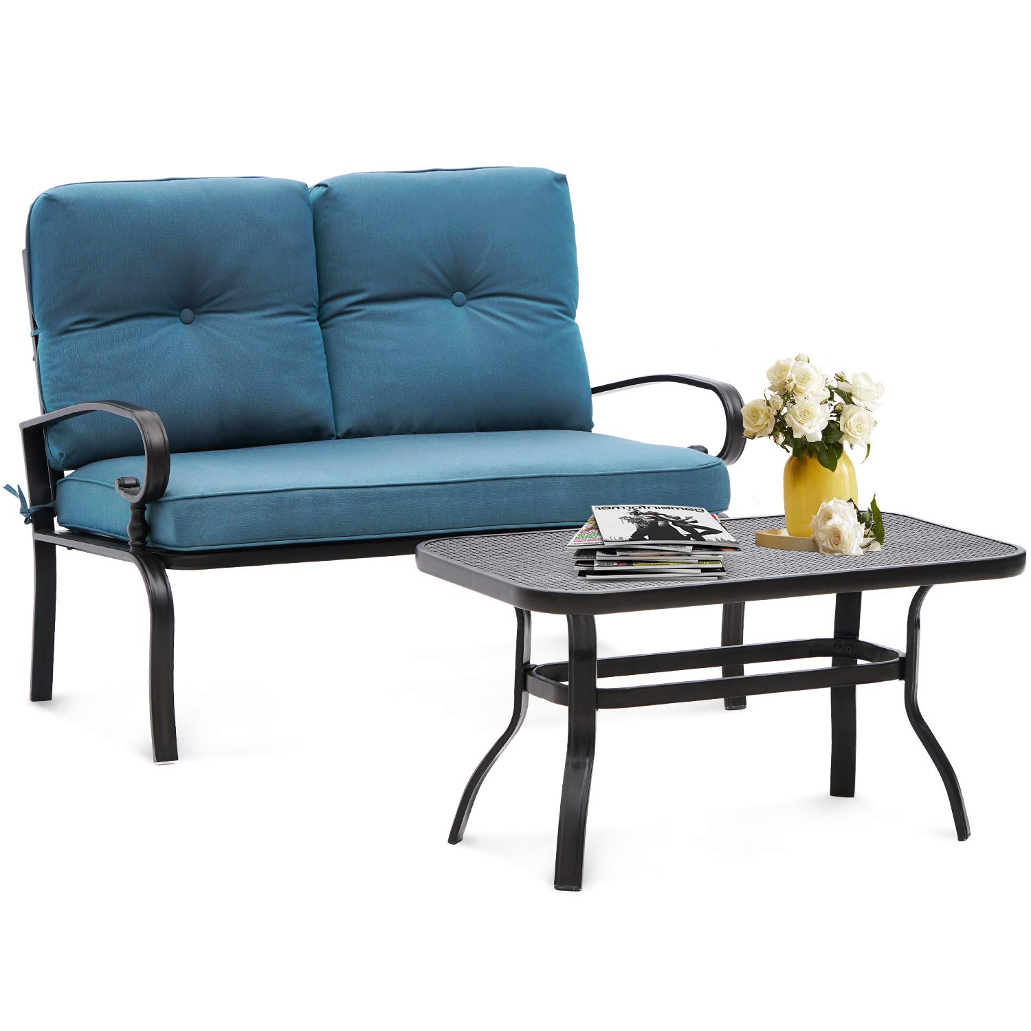 SUNCROWN 2-Piece Patio Loveseat Furniture Set Outdoor Steel Frame Bench with Thick Cushions and Coffee Table - Peacock Blue