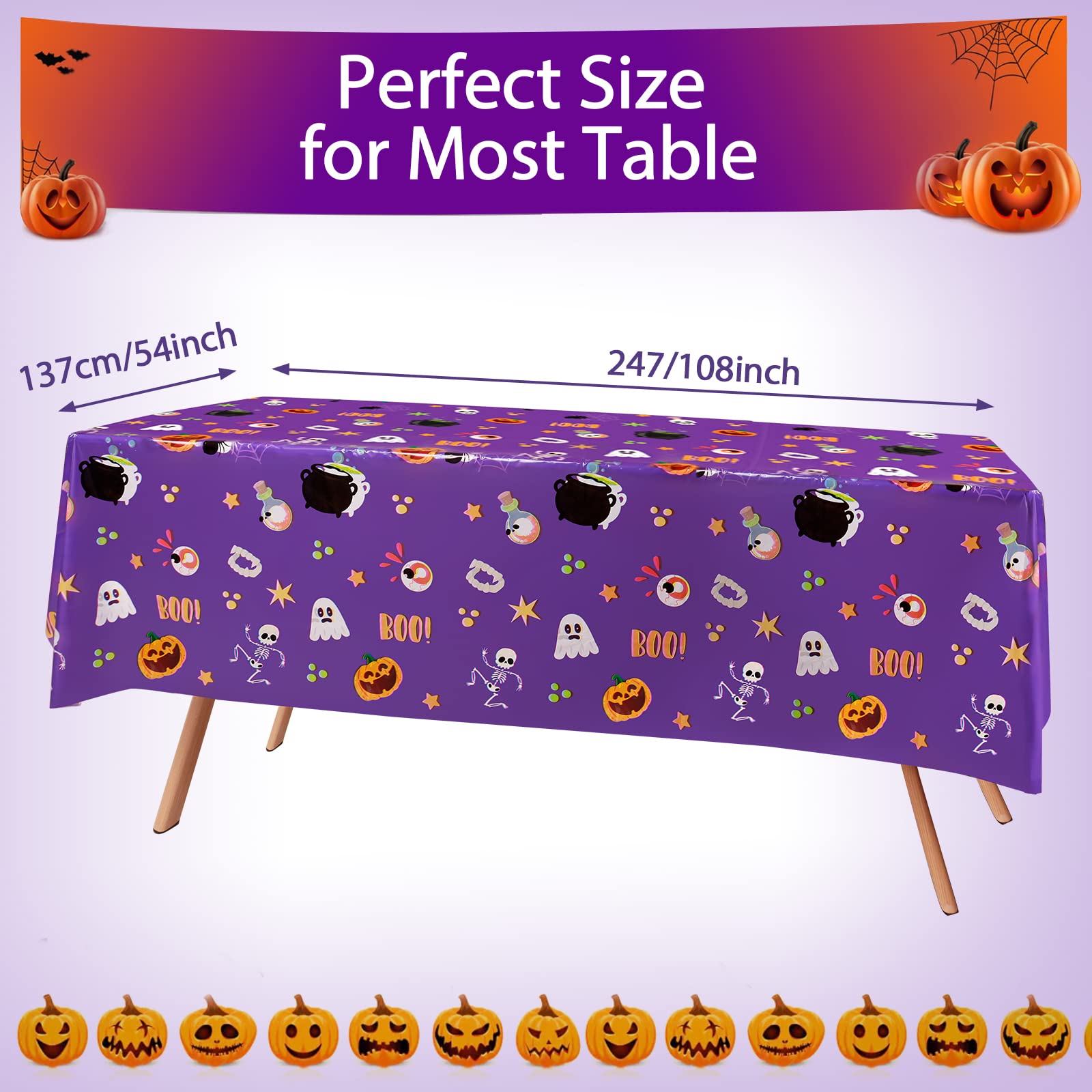 3 Pack Halloween Tablecloth - Eyeball and Pumpkin Plastic Table Cover, Halloween Rectangle Waterproof Disposable Table Covers for Halloween Decorations and Party Supplies, Purple, 54x108 Inch