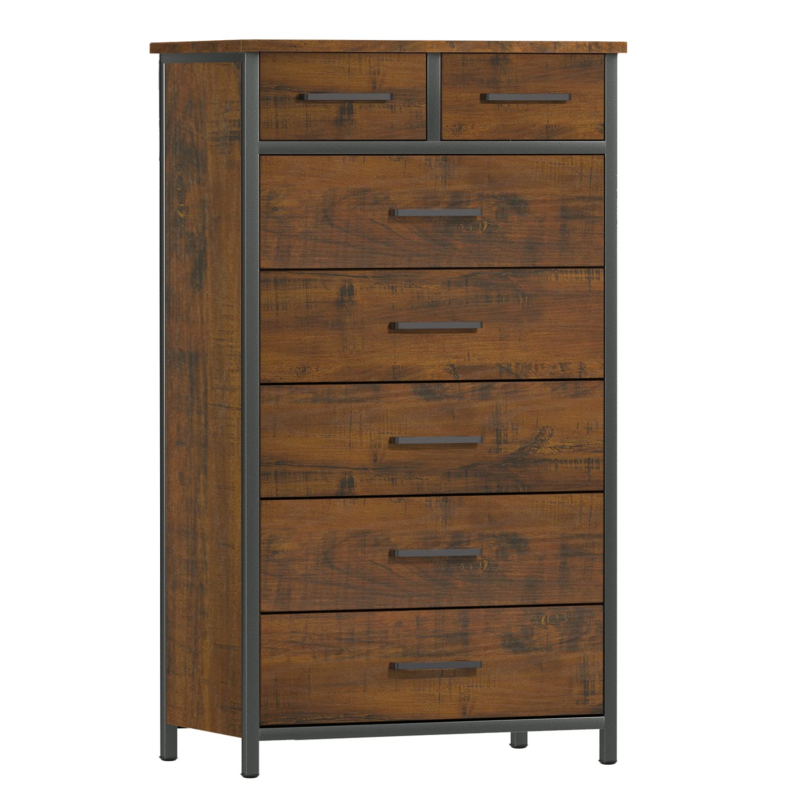 IKENO 7 Drawer Tall Dresser with Sturdy Metal Frame, Industrial Drawer Chest for Bedroom, Clothes Storage Cabinet