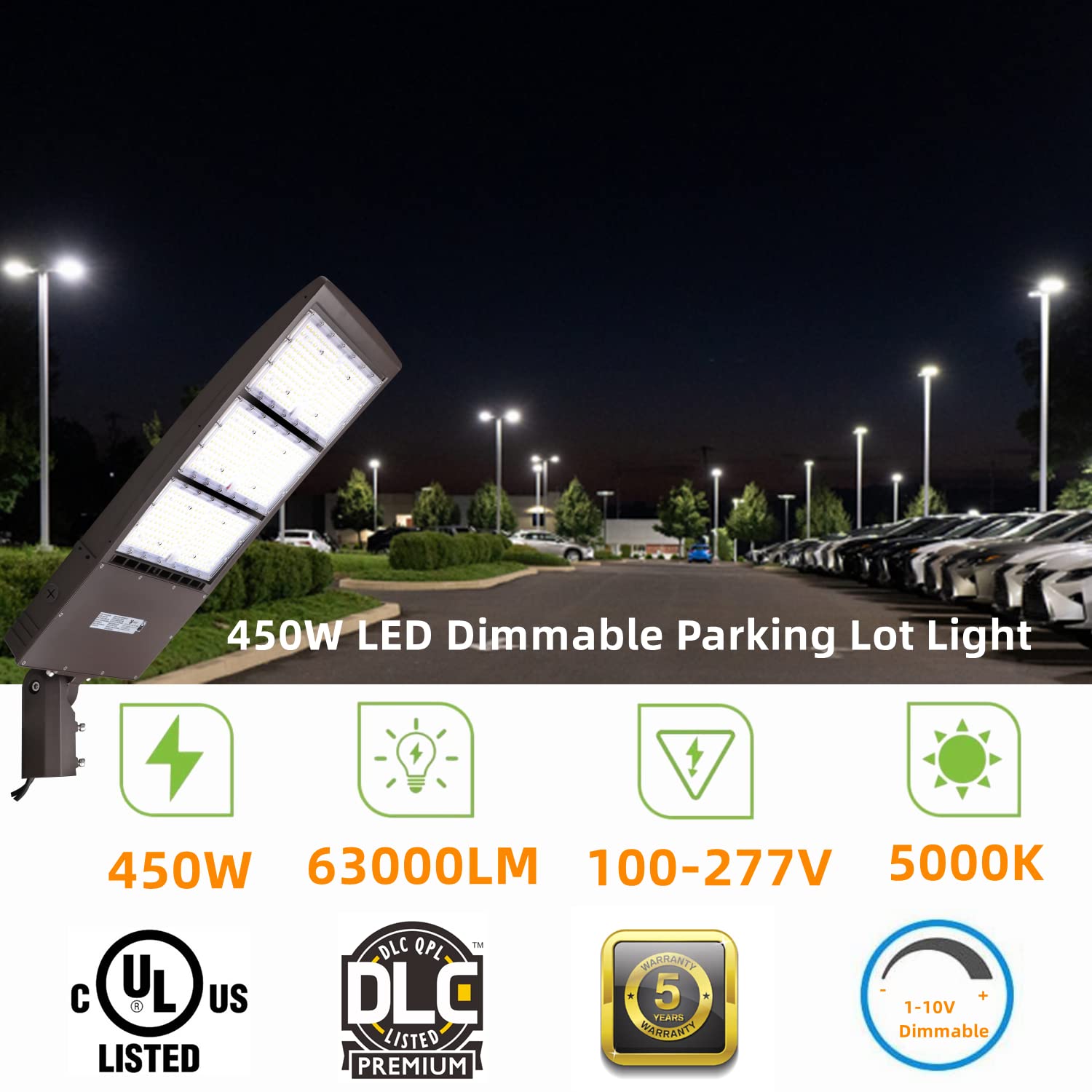 450W Dimmable LED Parking Lot Light with Slip Fitter, 5000K Daylight 63000LM 140lm/w, [Dusk to Dawn Photocell&Shorting Cap Included] Outdoor LED Shoebox Lights, UL/DLC Commercial Lighting Fixture