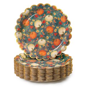 confettiville thanksgiving paper plates, 50-count fall-themed decorative disposable serving plates, teal, gold foil scalloped edge, 9 inches