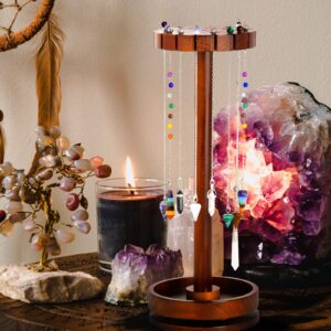 Ceiner Moon Phase Pendulum Display Stand with Tray, Wood Wiccan Rotating Crystal Holder for Up 16 Divination Dowsing Pendulums, Witch Organizer for Necklace Healing Stone Gift Rack