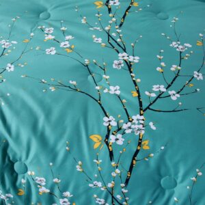 RYNGHIPY Girls Bedding Set Twin Size Teal Pastel Floral Bedding Comforter Set Tree Branch Printing Bedding with Pillowcases Soft Lightweight Down Alternative Bedding Sets All Seasons