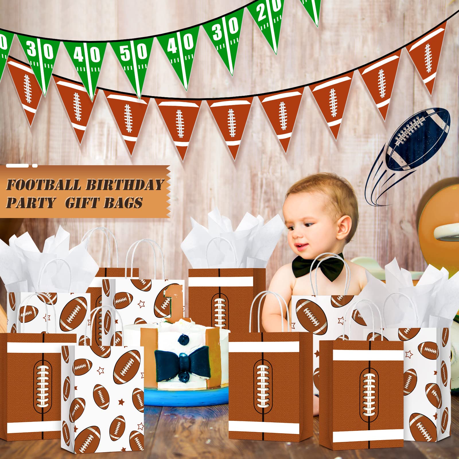 16 Pcs Sports Party Gift Bags with Tissue Paper Baseball Football Soccer Basketball Gift Goodie Favor Bags with Handle for Baseball Theme Party Girls Boys Birthday Decoration (Dark Brown, Football)