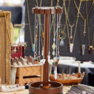 Ceiner Moon Phase Pendulum Display Stand with Tray, Wood Wiccan Rotating Crystal Holder for Up 16 Divination Dowsing Pendulums, Witch Organizer for Necklace Healing Stone Gift Rack