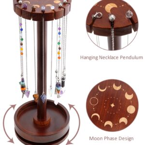 Ceiner Moon Phase Pendulum Display Stand with Tray, Wood Wiccan Rotating Crystal Holder for Up 16 Divination Dowsing Pendulums, Witch Organizer for Necklace Healing Stone Gift Rack