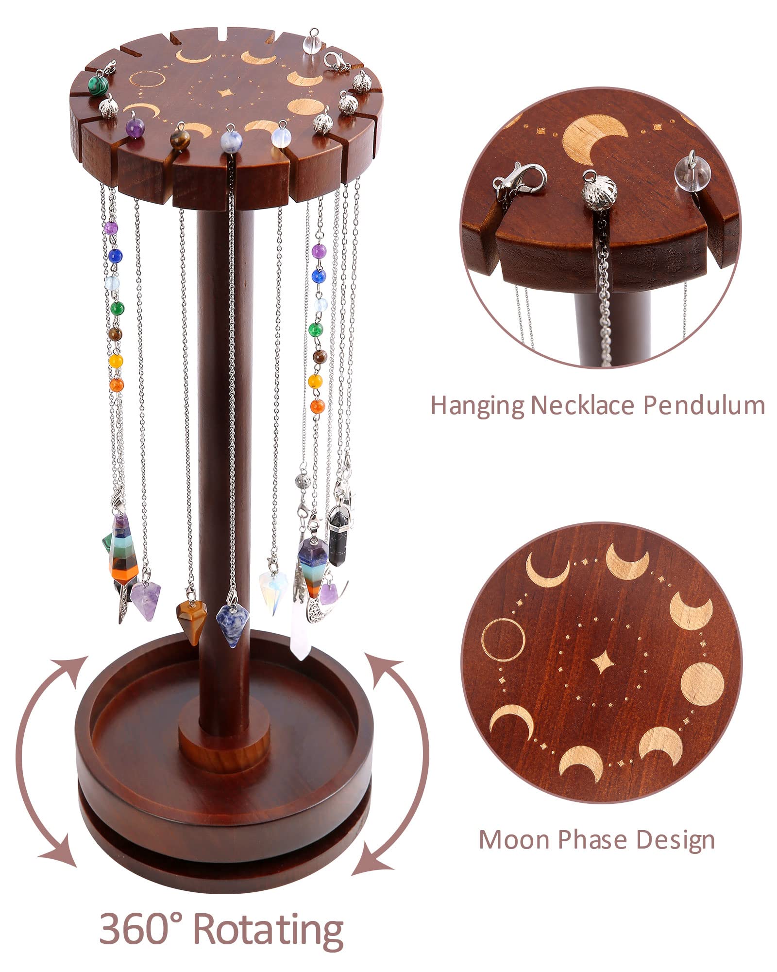 Ceiner Moon Phase Pendulum Display Stand with Tray, Wood Wiccan Rotating Crystal Holder for Up 16 Divination Dowsing Pendulums, Witch Organizer for Necklace Healing Stone Gift Rack