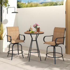 Tangkula Outdoor Swivel Bar Stools Set of 2, Bar Height Tall Patio Chairs with Armrests & High Back, Cozy Footrest & Solid Metal Support, High Top Bar Chairs for Backyard, Balcony, Poolside (1, Brown)