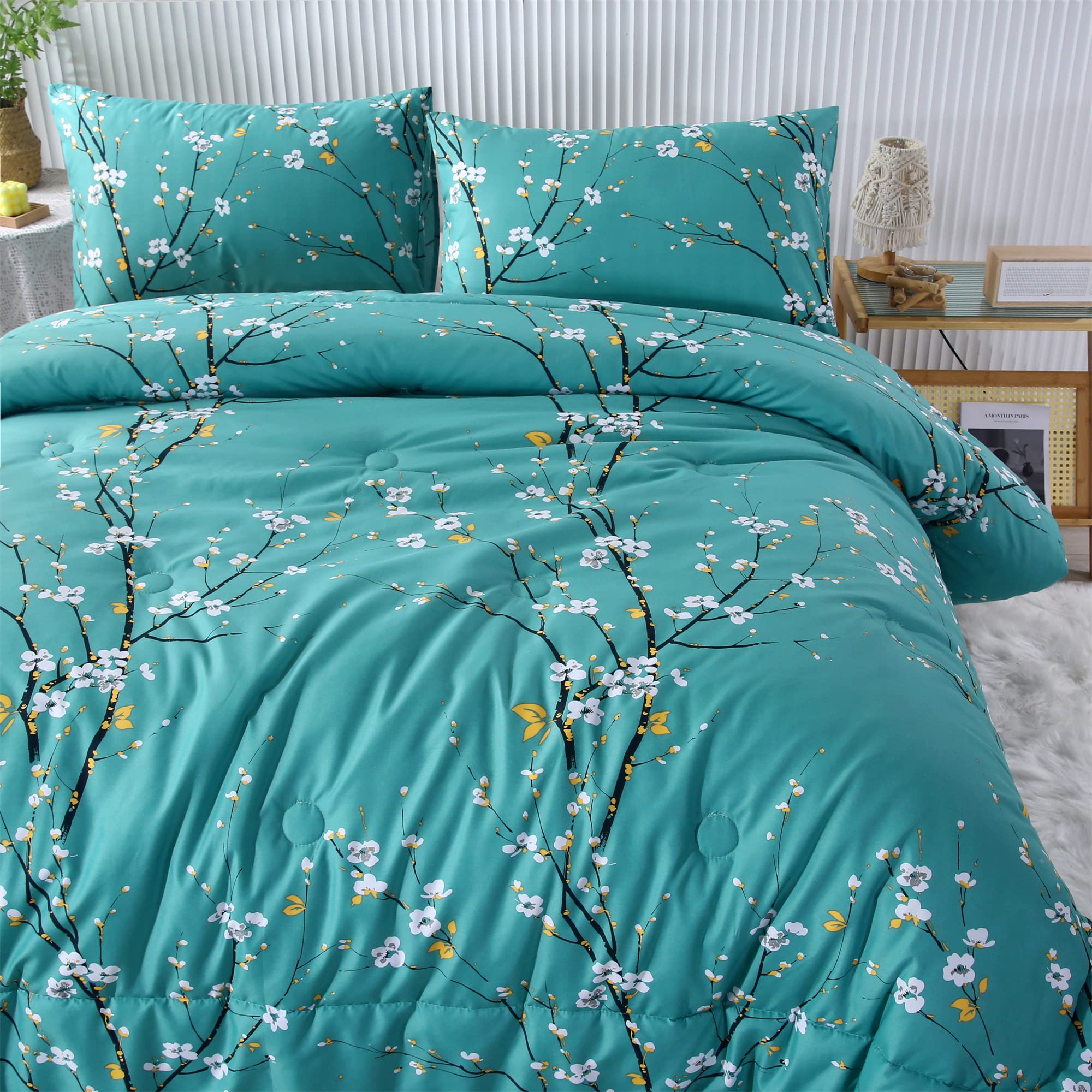 RYNGHIPY Girls Bedding Set Twin Size Teal Pastel Floral Bedding Comforter Set Tree Branch Printing Bedding with Pillowcases Soft Lightweight Down Alternative Bedding Sets All Seasons