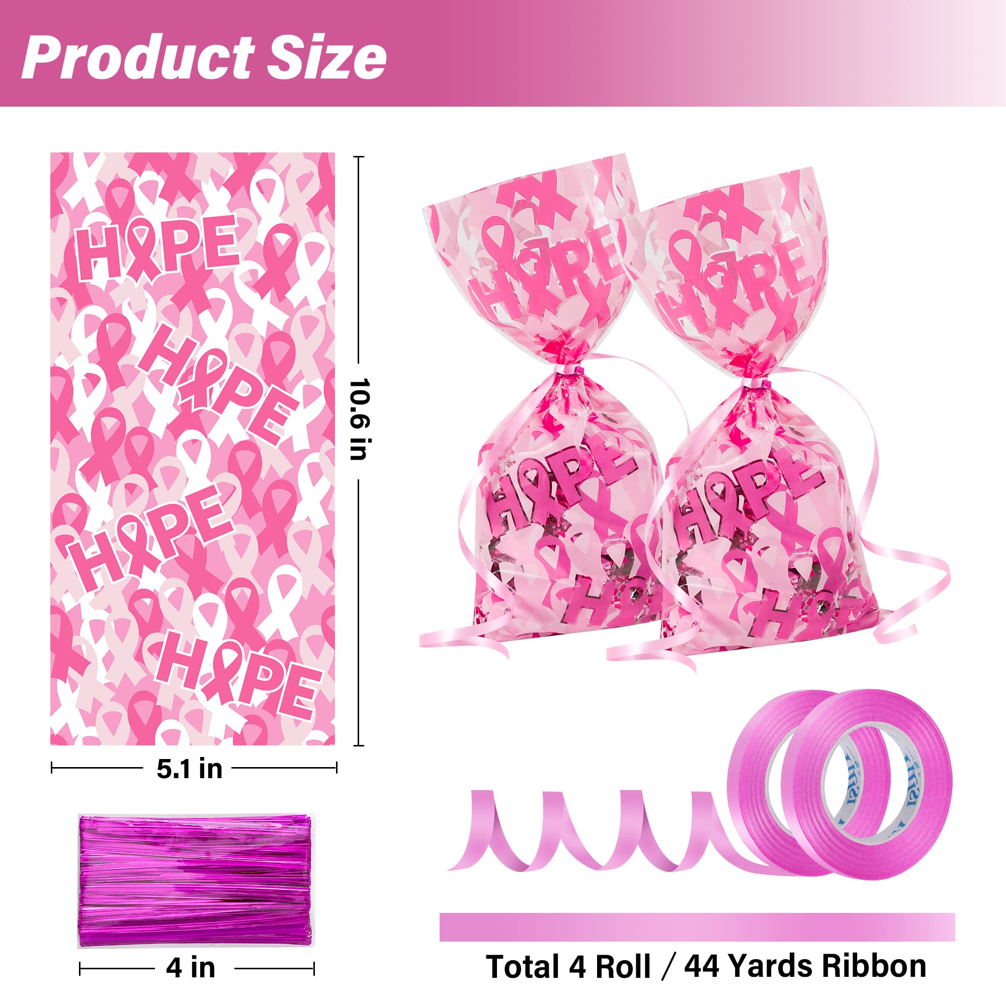 Heartome Breast Cancer Awareness Accessories, 204Pcs Ribbon Party Supplies, 4 Rolls of 11 Yards Ribbon, 200Pcs Breast Cancer Support Cellophane Bags for Breast Cancer Parties Present Wrapping