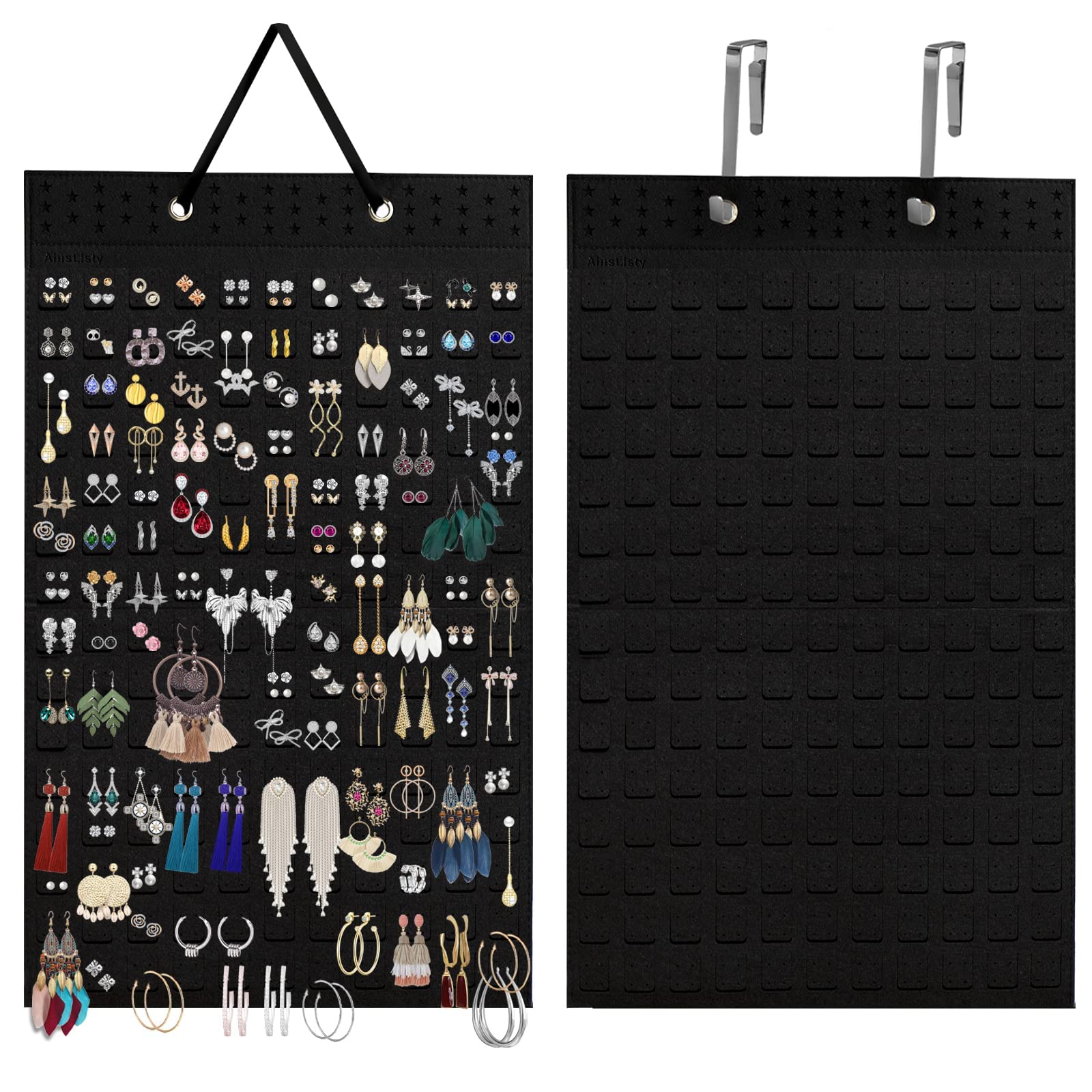 AinsListy Earring Organizer Hanging Earring Holder, Holds Up To 330 Pairs, Soft Felt Wall Mount Earring Display Holder Stud Earrings Organizer for Women Girls - 1 Pack (Include Metal Hook and Rope)