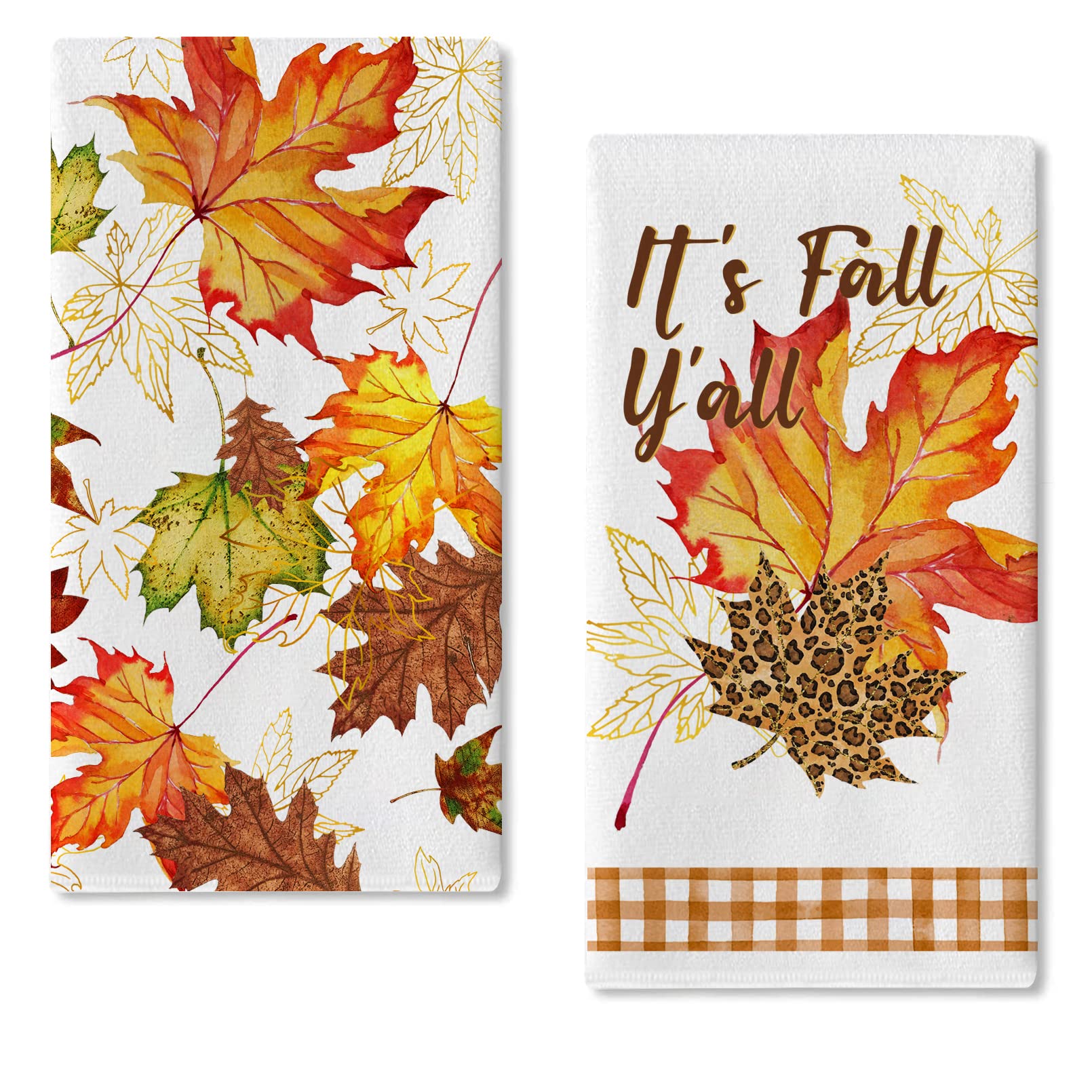 Seliem It’s Fall Y’All Maple Leaves Kitchen Dish Towel Set of 2, Watercolor Thanksgiving Leopard Leaf Fingertip Towel Hand Drying Baking Cooking Cloth, Autumn Seasonal Home Farmhouse Decoration 18x26