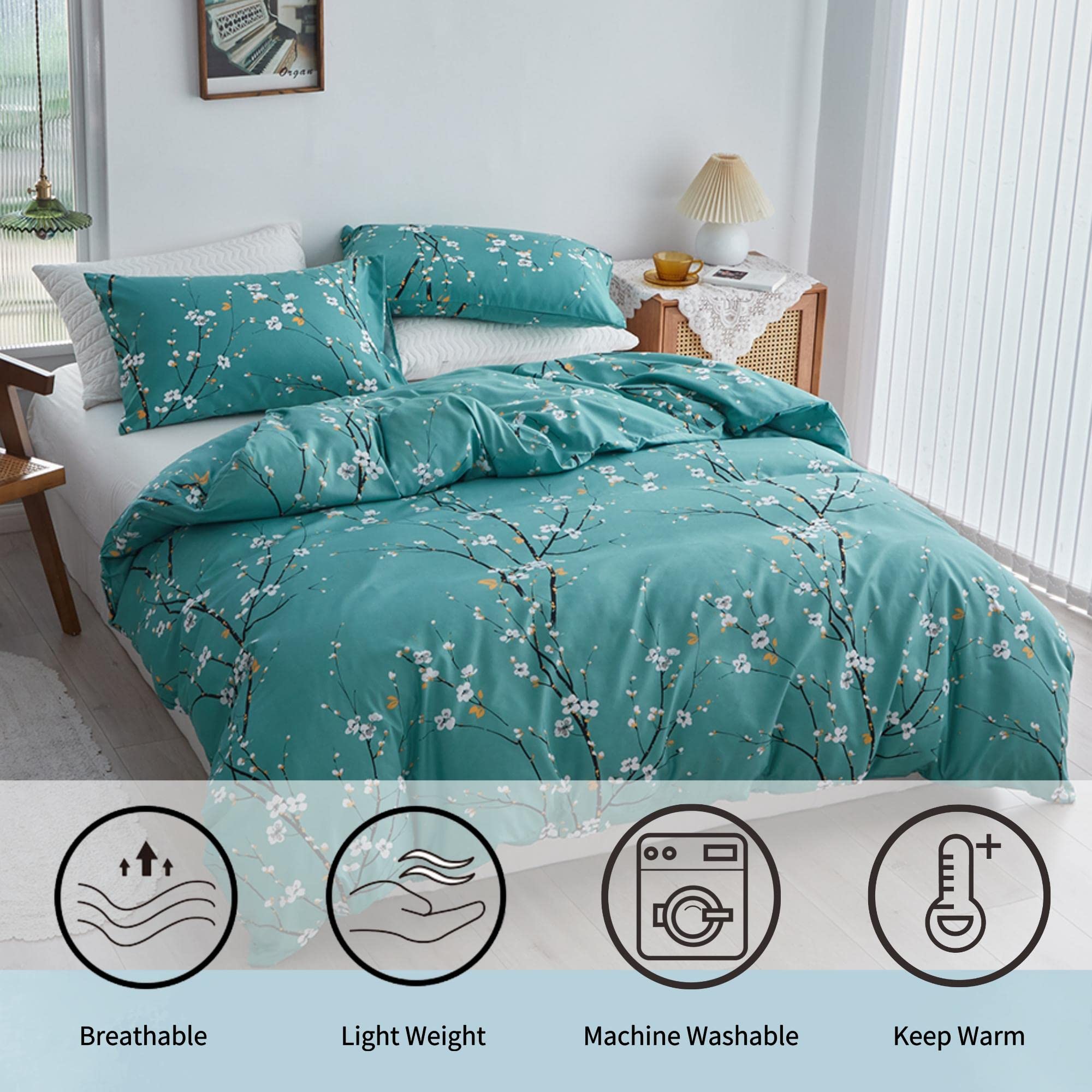 RYNGHIPY Girls Bedding Set Twin Size Teal Pastel Floral Bedding Comforter Set Tree Branch Printing Bedding with Pillowcases Soft Lightweight Down Alternative Bedding Sets All Seasons