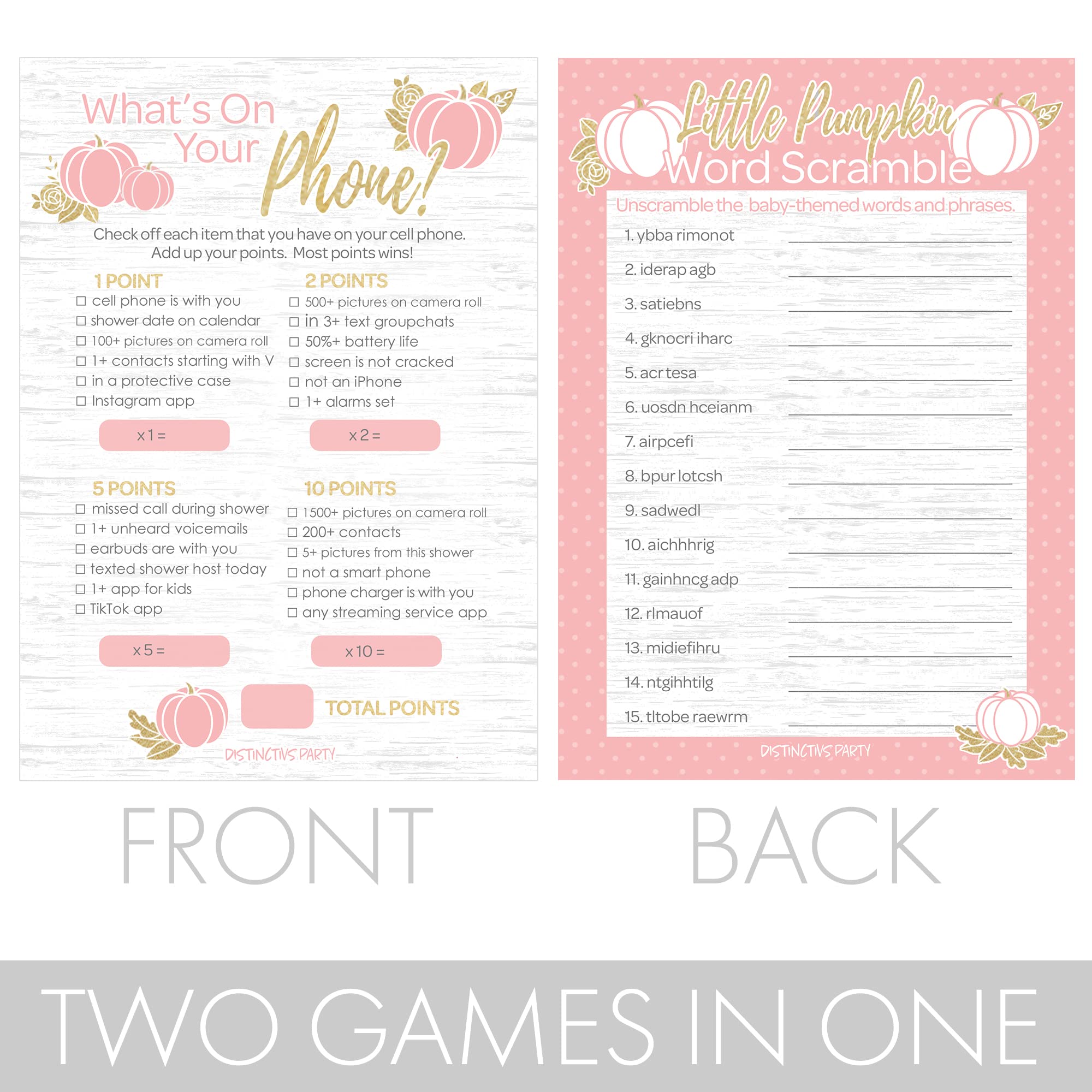 DISTINCTIVS Pink Little Pumpkin Girl Baby Shower - What's On Your Phone and Word Scramble (2 Game Bundle) - 20 Dual Sided Cards