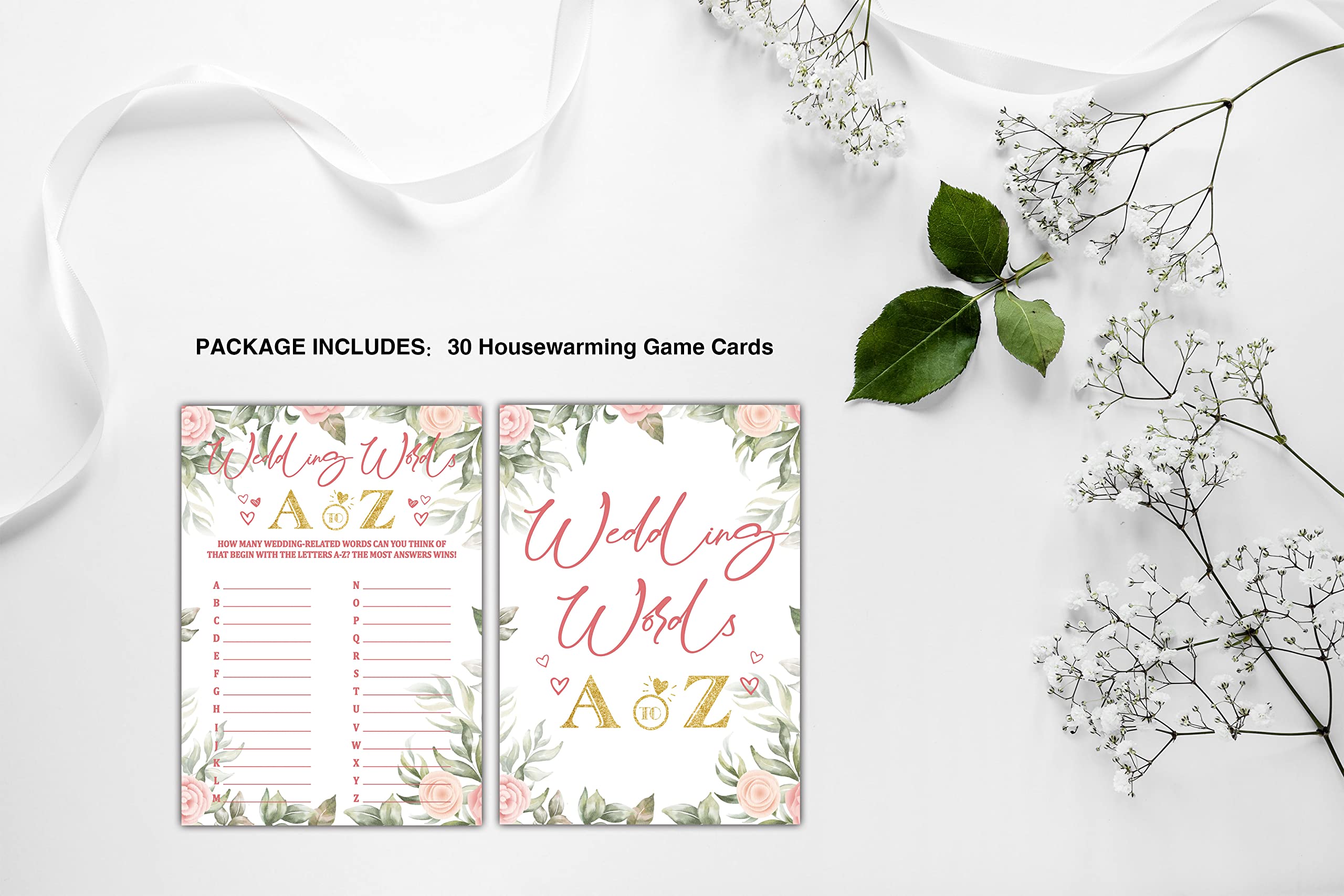 Bridal Shower Games - Wedding Words A to Z Wedding Party Game - Boho Floral Greenery Bachelorette/Engagement Party Supplies Activities - Pack of 30 Game Cards (A07)