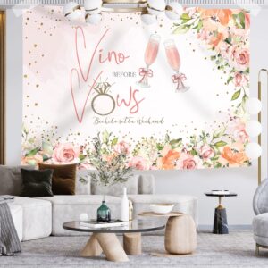 Rsuuinu Vino Before Vows Bachelorette Weekend Backdrop for Parties Glitter Dots Flowers Ring Champagne Bride to Be Photography Background Bach Party Wedding Decorations Banner Photo Booth Props 7x5ft