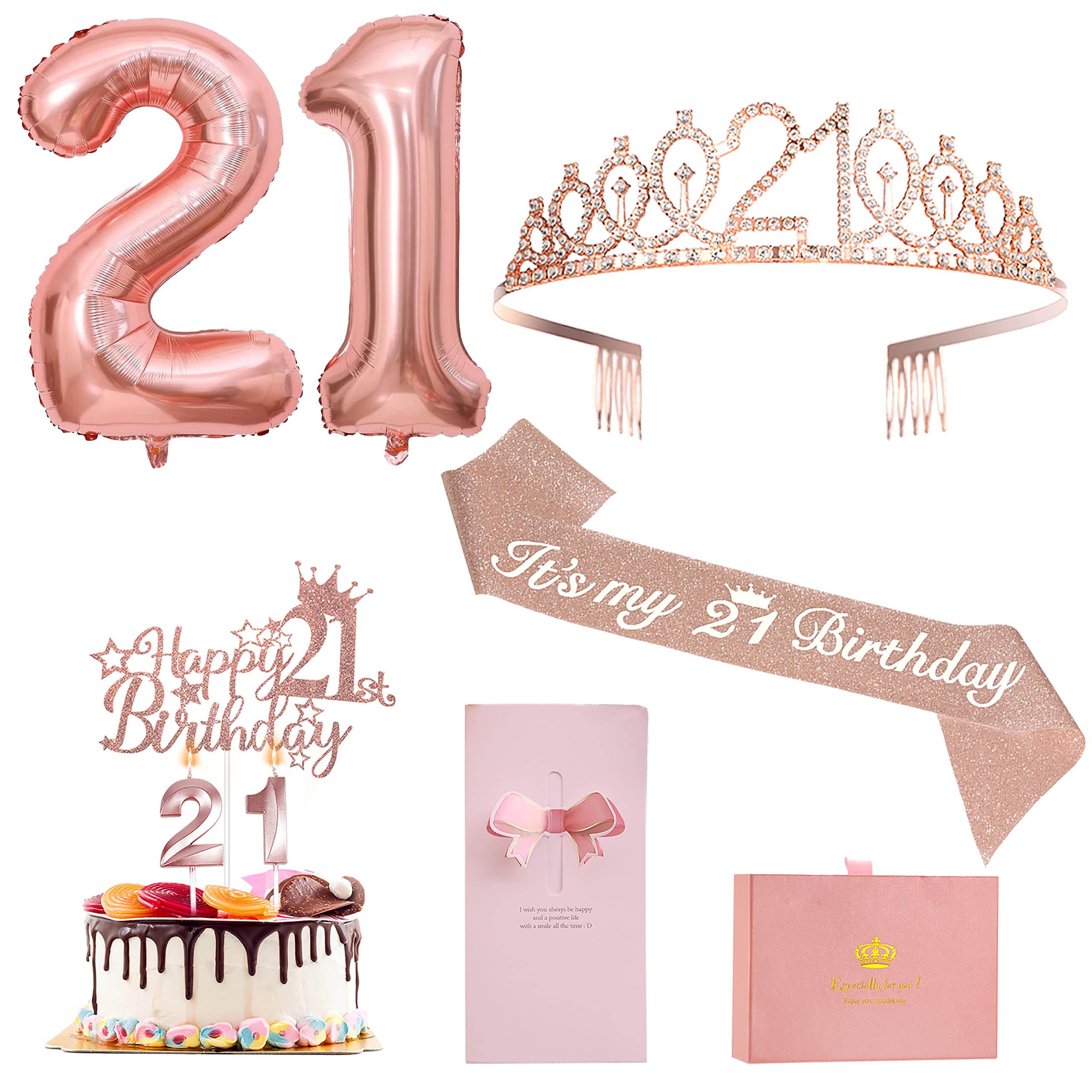 21st Birthday Decorations For Her ZJDZTK,Including Rose Gold 21st Birthday Sash,Crown,Cake Topper,Digital Candles,Balloons Set,Accompanying Birthday Card And Beautiful Gift Box