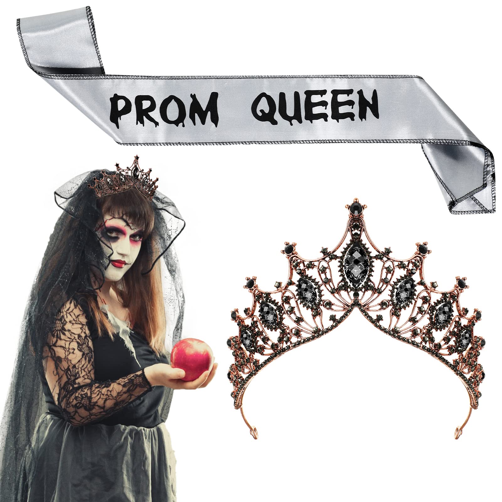 Yinkin Halloween Black Zombie Prom Queen Crowns and Zombie Prom Queen Satin Sash, Baroque Crowns Tiaras Prom Queen Party Sash for Halloween Cosplay Party