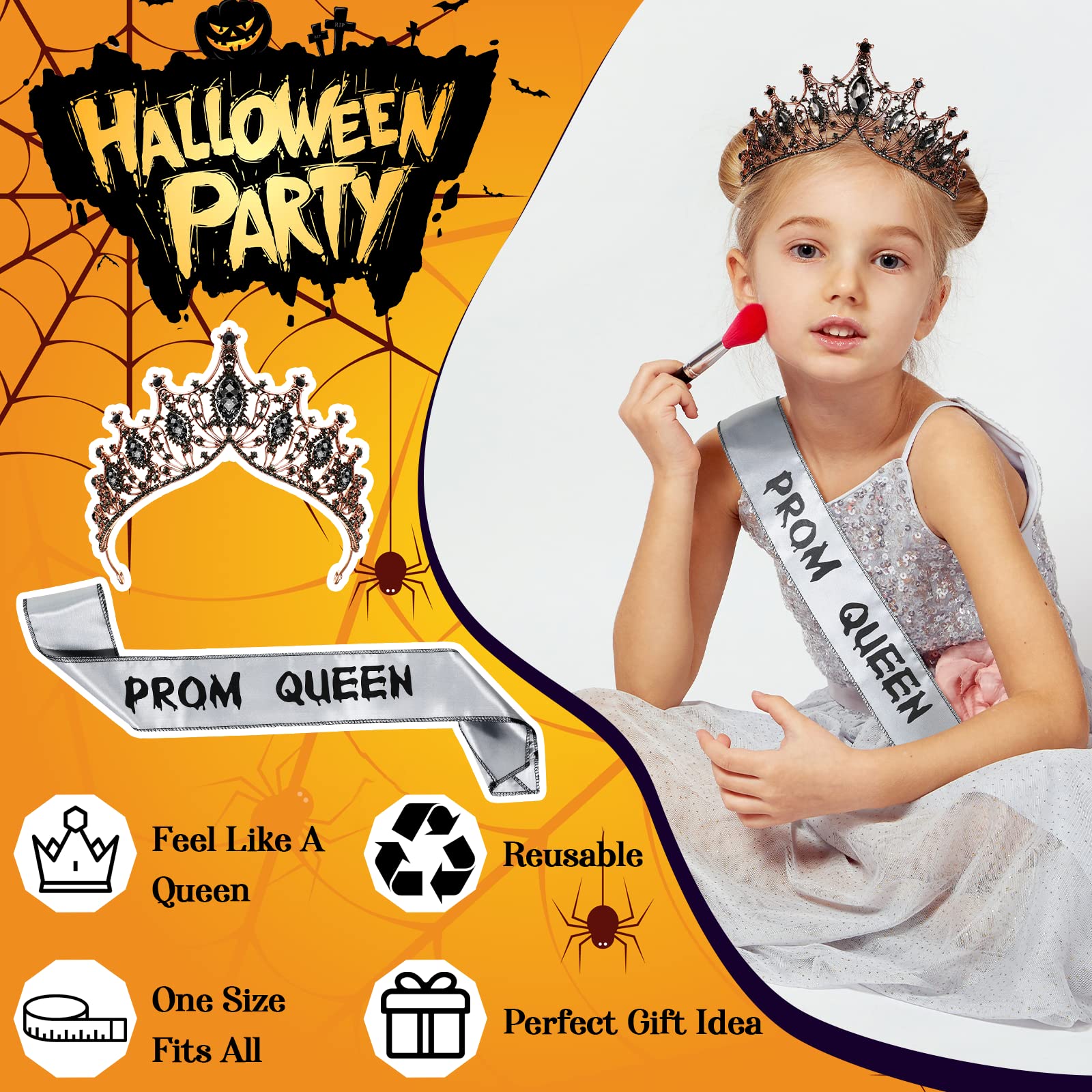 Yinkin Halloween Black Zombie Prom Queen Crowns and Zombie Prom Queen Satin Sash, Baroque Crowns Tiaras Prom Queen Party Sash for Halloween Cosplay Party