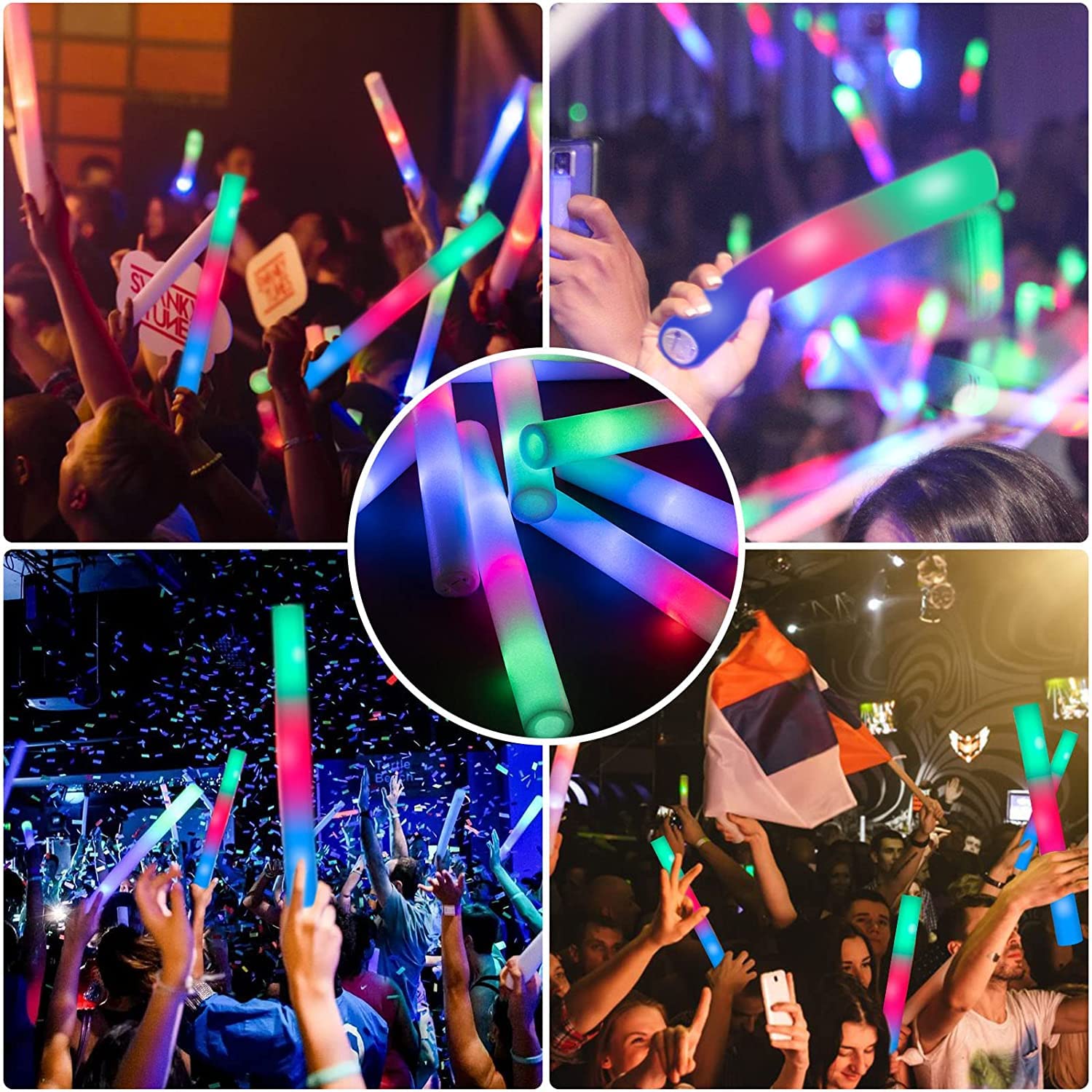 SHQDD100 PCS LED Foam Sticks, Bulk Foam Glow Sticks with 3 Modes Colorful Flashing, Glow in Dark Party Supplies, Glow Stick Bulk Party Pack for Wedding,Raves,Concert,Camping,Sporting Events,Pool Party