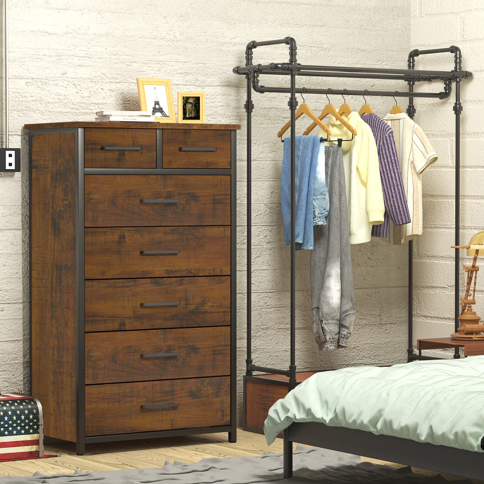 IKENO 7 Drawer Tall Dresser with Sturdy Metal Frame, Industrial Drawer Chest for Bedroom, Clothes Storage Cabinet