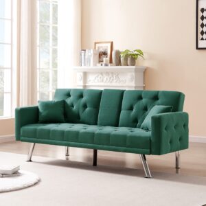 mikibama 76 inch futon sofa bed with cup holders, linen convertible folding futon couch with adjustable backrest and throw pillows for living room, tufted sleeper sofa with metal legs (teal)