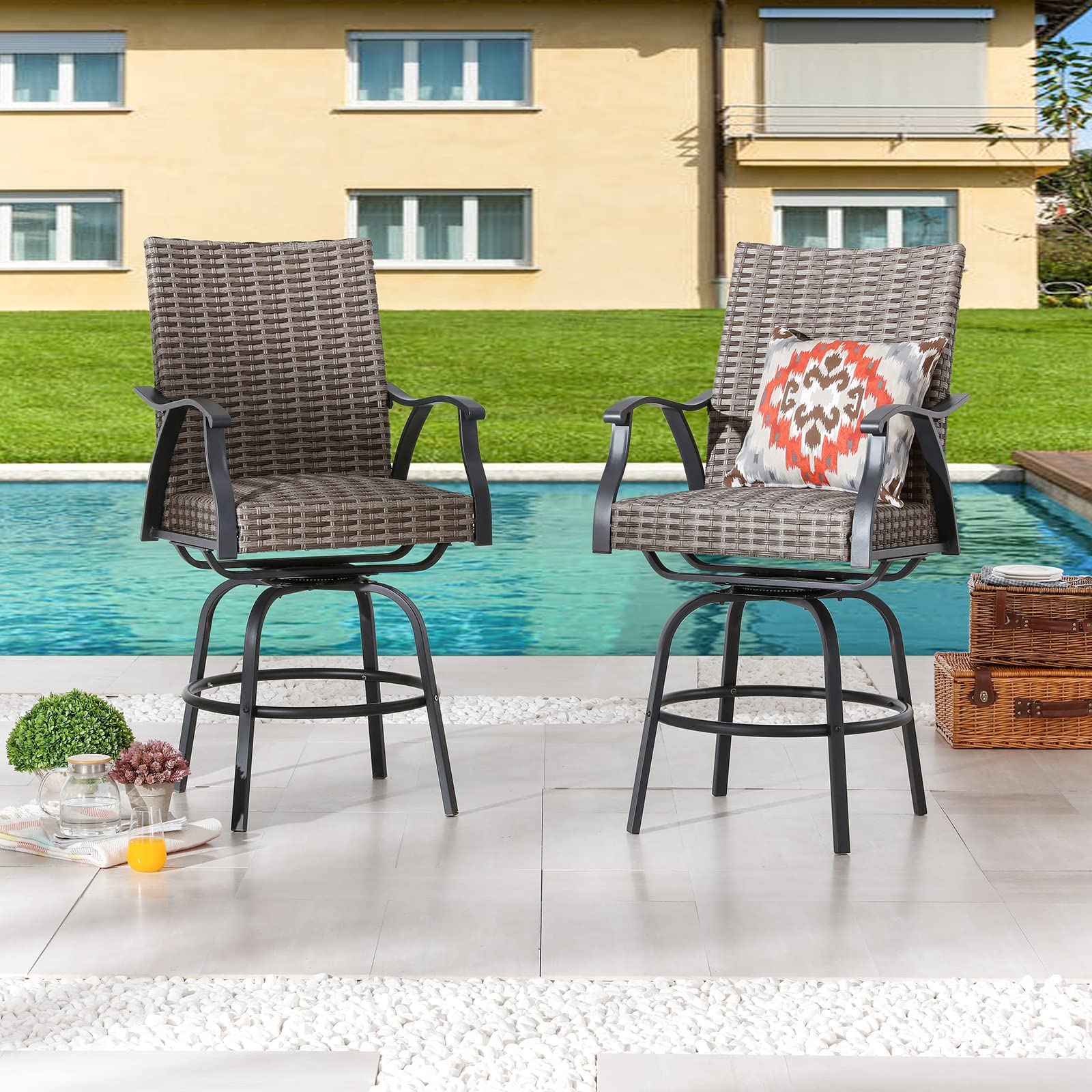 Festival Depot 2pcs Patio Bar Height Stools Rattan Wicker High Back 360° Swivel Chairs Patio Dining Chairs Metal Outdoor Furniture with Soft Seat Cushion for Bistro Lawn Garden Pool