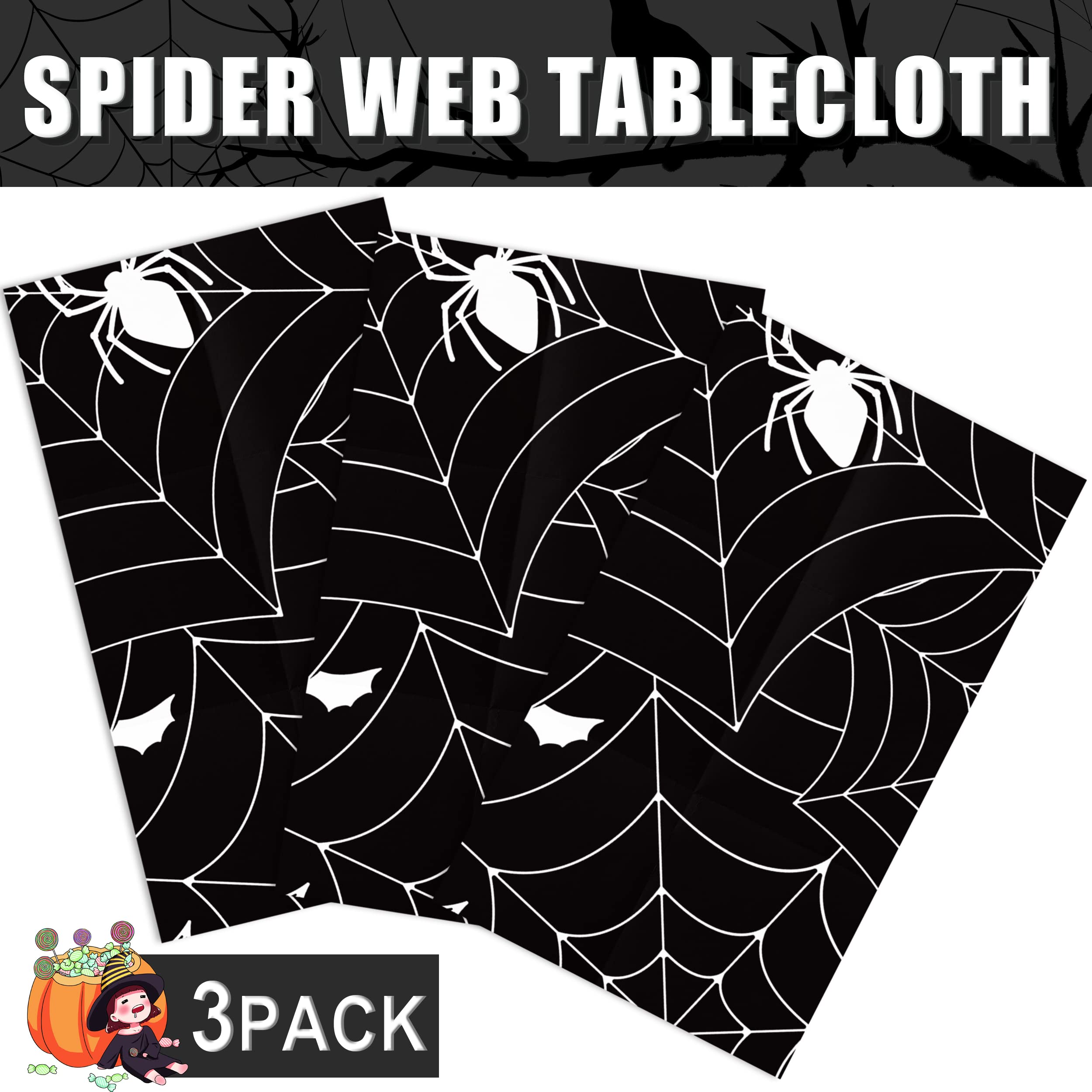 Halloween Tablecloth 3pcs Black Spider Web Tablecloth Halloween Party Decorations Supplies Rectangular Spider Cobweb Plastic Table Cover for Halloween Baby Shower, Birthday Decorations - 54" x 108"