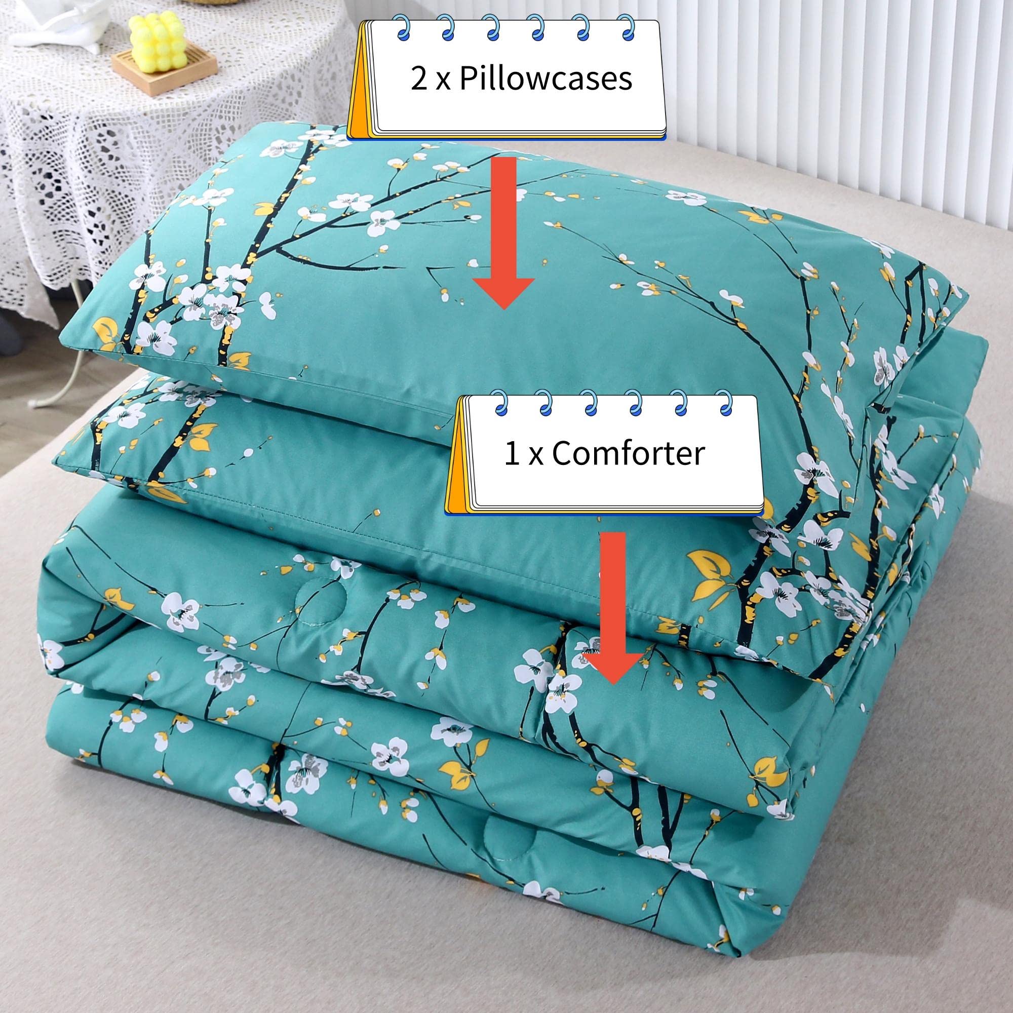 RYNGHIPY Girls Bedding Set Twin Size Teal Pastel Floral Bedding Comforter Set Tree Branch Printing Bedding with Pillowcases Soft Lightweight Down Alternative Bedding Sets All Seasons