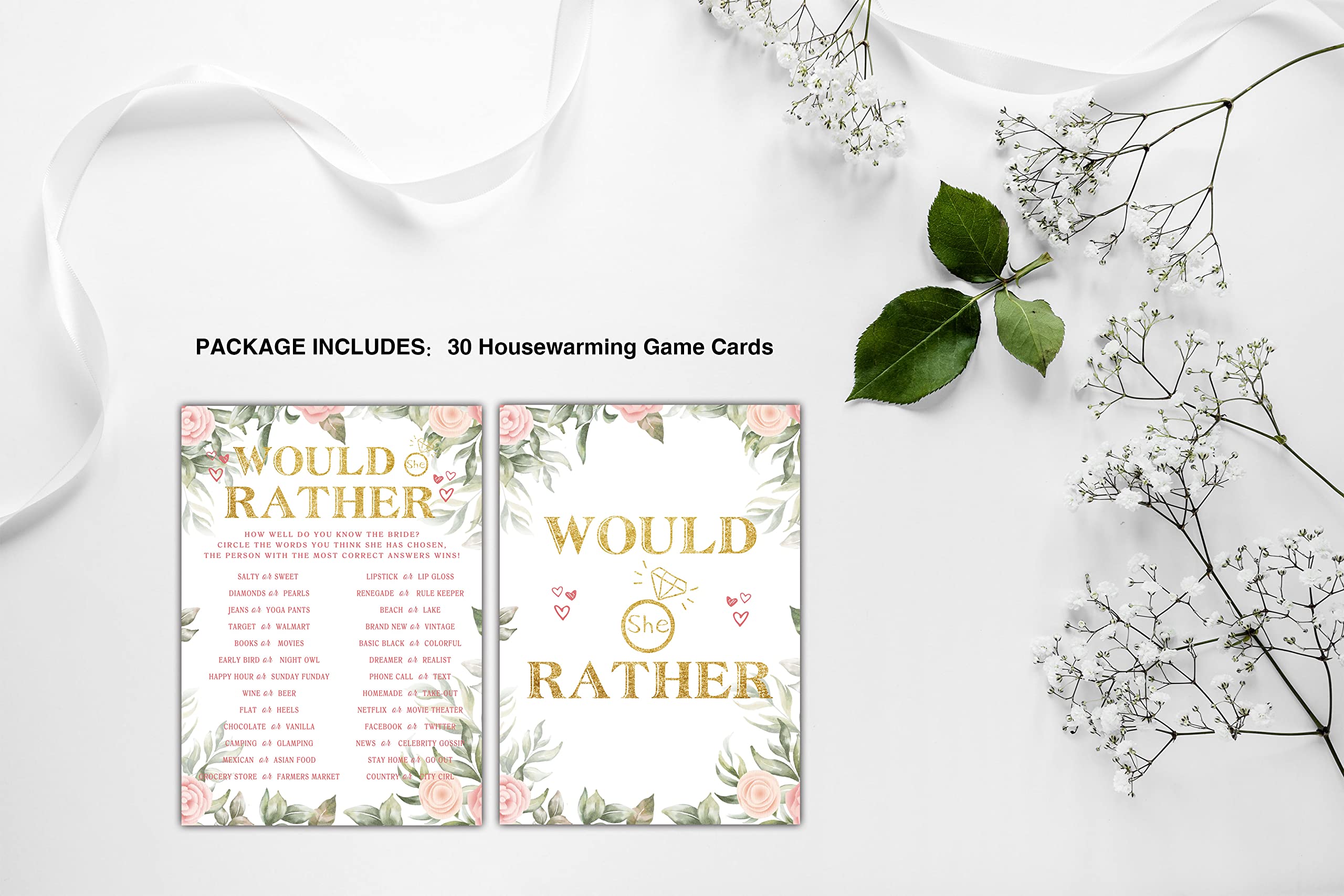 Bridal Shower Games - Would She Rather Wedding Party Game - Boho Floral Greenery Bachelorette/Engagement Party Supplies Activities - Pack of 30 Game Cards (A10)