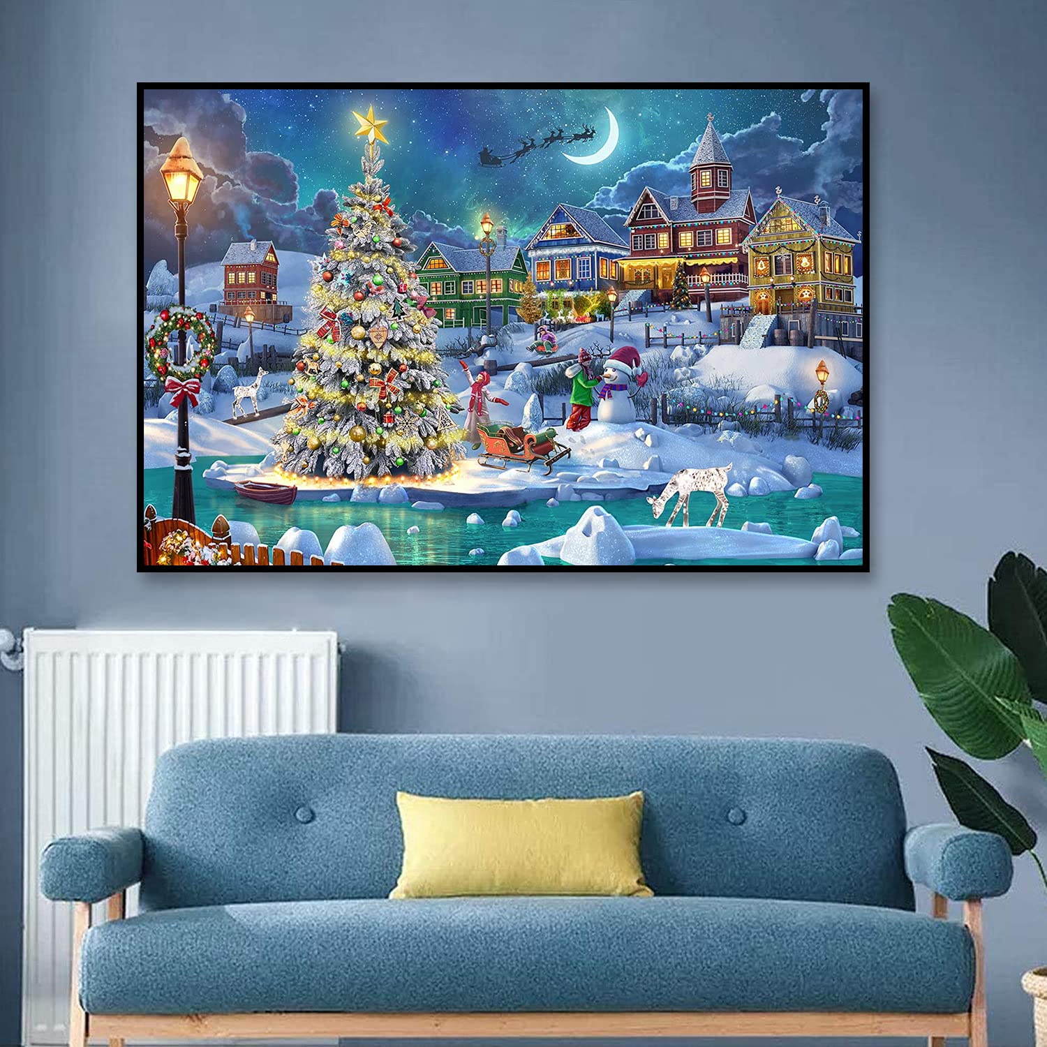 GESOON Christmas Night , DIY 5D Diamond Painting Kits for Adults Full Drill, Christmas Tree with Moon Well Decor 28x16 inch