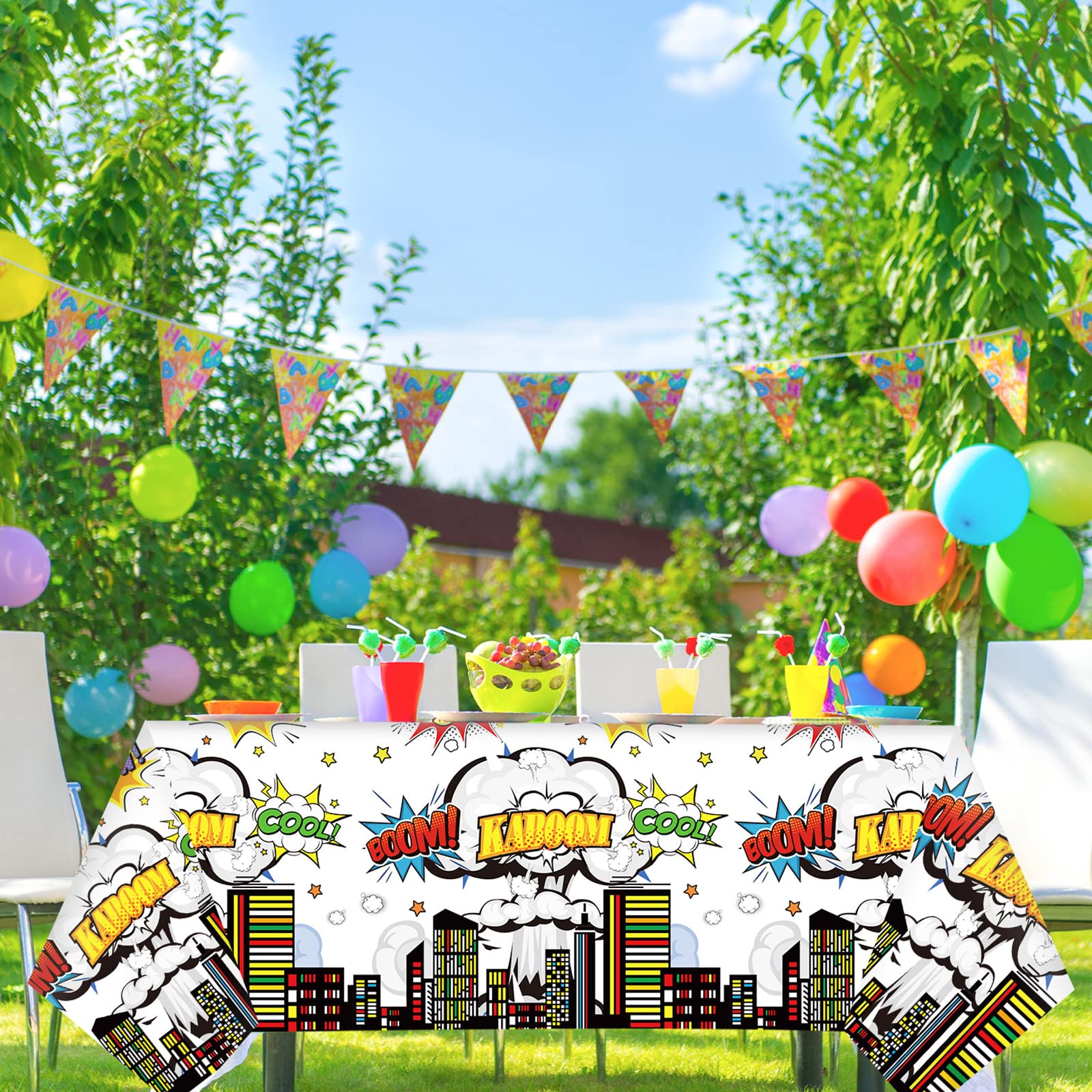 3 Pieces Super Theme Hero Party Tablecloths Hero Themed Birthday Party Supplies Hero Action Sign Plastic Table Cover Fun Hero Tablecover for Happy Birthday Baby Shower Party Decorations