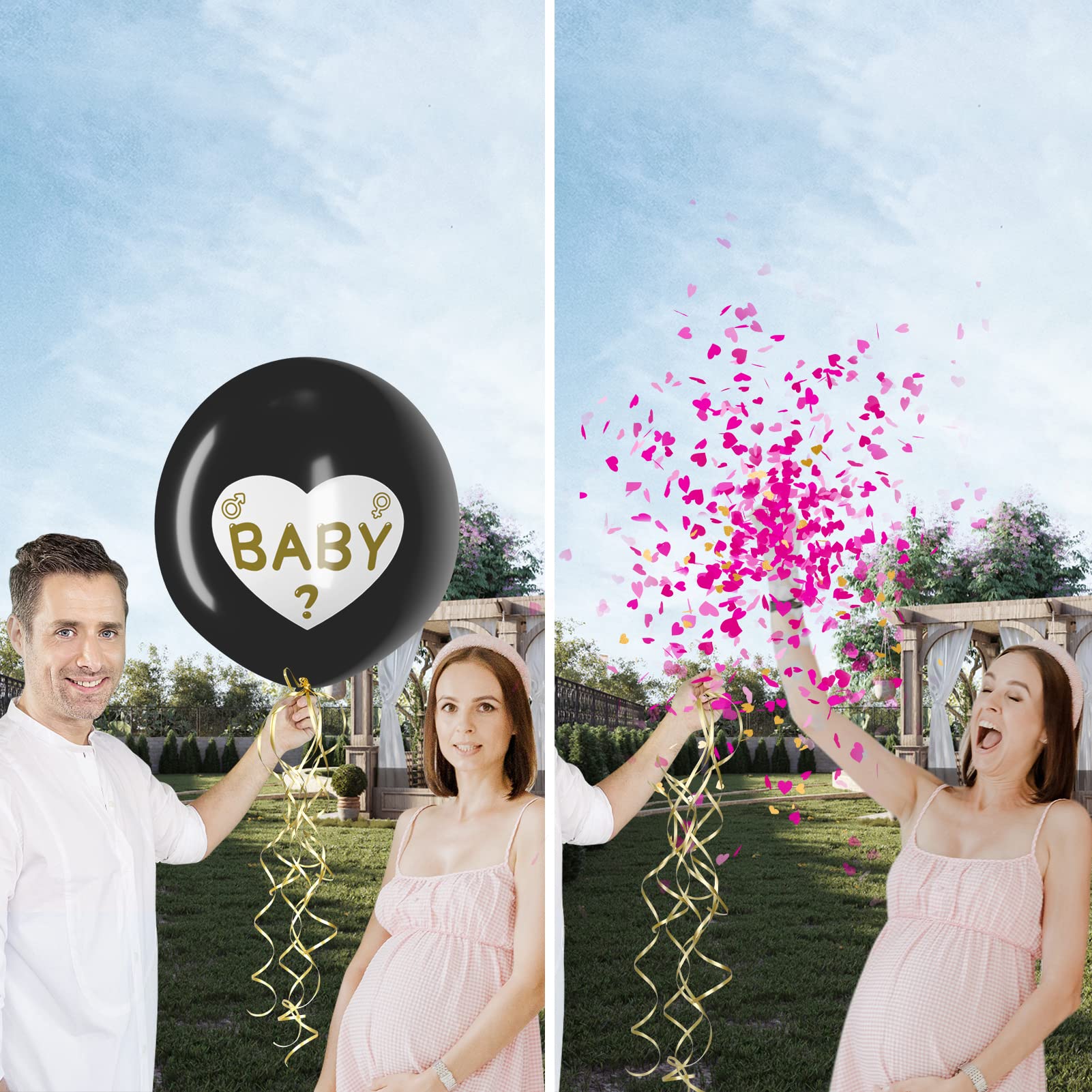 Gender Reveal Powder Confetti Cannon and Confetti Balloon-100% Safe Biodegradable Boy or Girl Confetti Smoke Cannons- Baby Shower Poppers Party Ideas and Supplies (2 Pink, 2 Blue and 36'' Balloon)