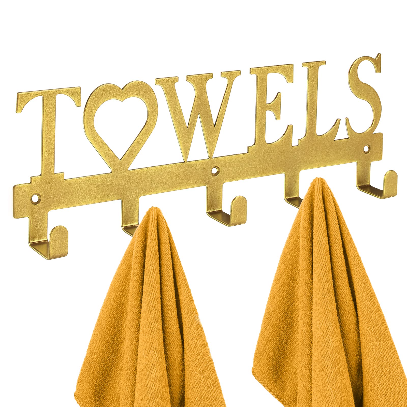 WeeksEight Metal Towel Holder Towel Rack, Wall Mount Towel Hanger Hooks for Bathroom Kitchen Bedroom Hanging Towels Bathrobe Robe (5 Hooks Gold)