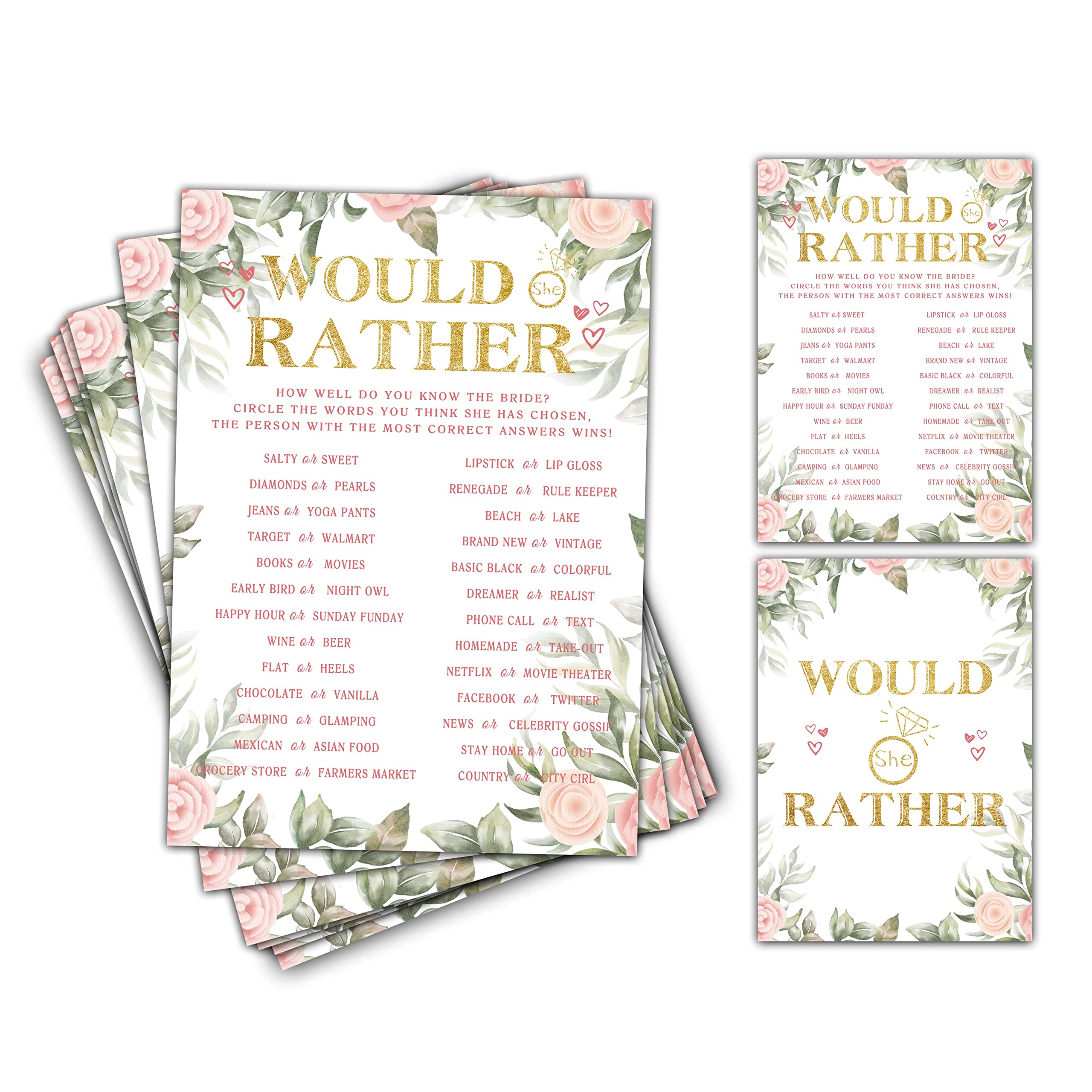 Bridal Shower Games - Would She Rather Wedding Party Game - Boho Floral Greenery Bachelorette/Engagement Party Supplies Activities - Pack of 30 Game Cards (A10)