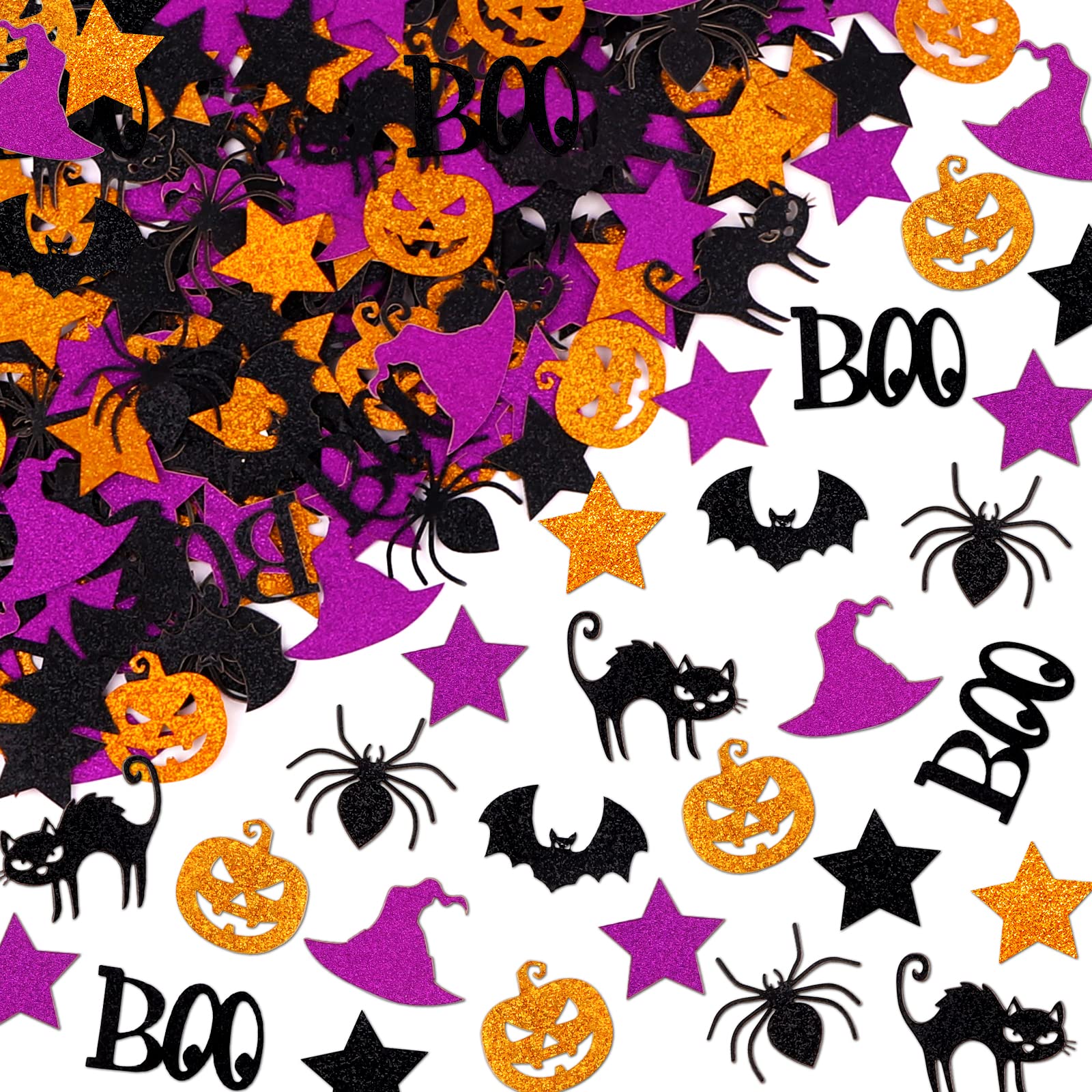 YUJUN 195PCS Halloween Confetti, Halloween Bat Witch Star Spider Black Cat Pumpkin Table Scatter Glitter Confetti for Halloween Party Favors Table Decoration(Purple Black Orange)