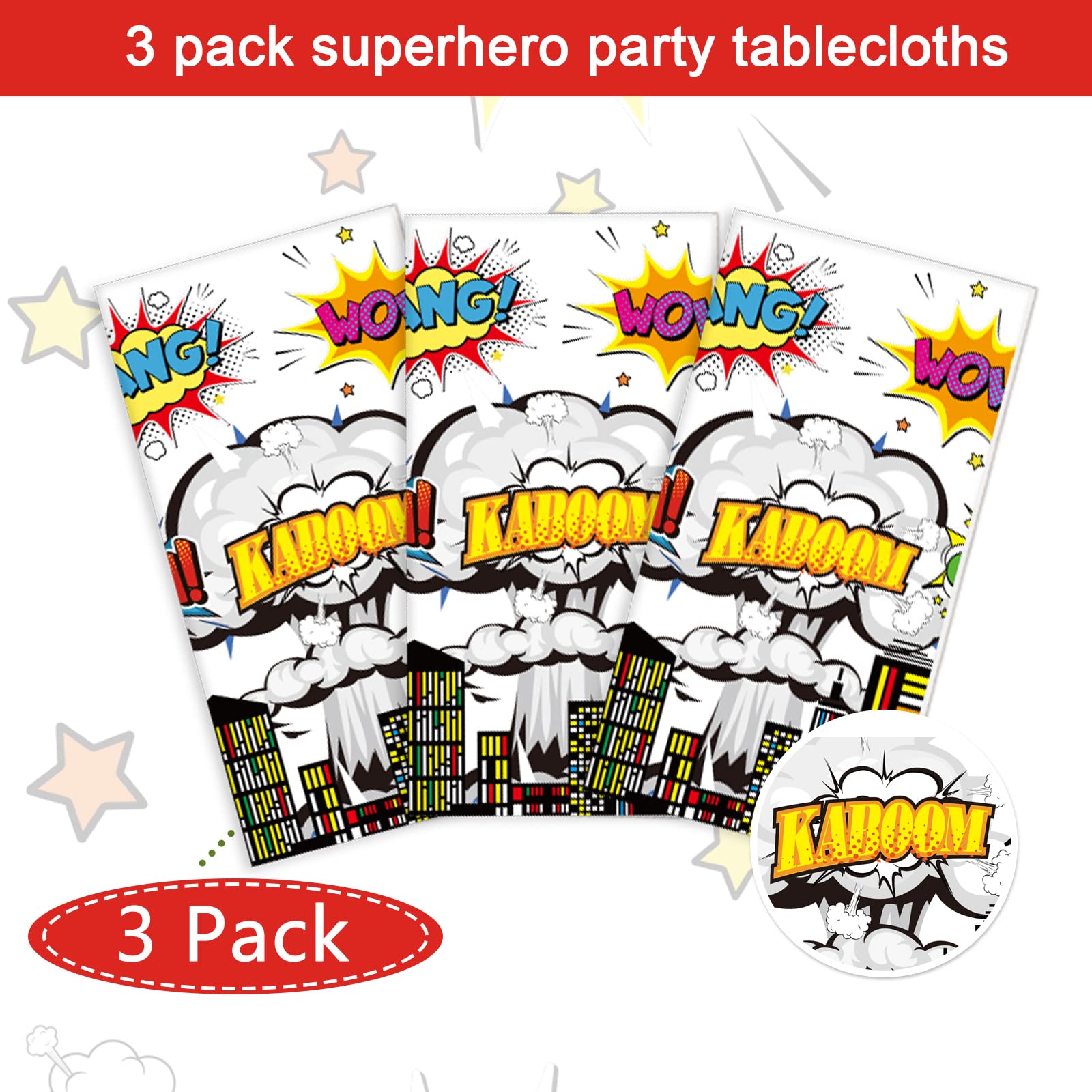 3 Pieces Super Theme Hero Party Tablecloths Hero Themed Birthday Party Supplies Hero Action Sign Plastic Table Cover Fun Hero Tablecover for Happy Birthday Baby Shower Party Decorations