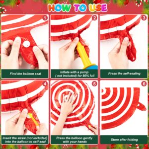 36 Pcs Christmas Candy Balloons Kit, Large Cane Swirl Candy Foil Balloons with 2 Pcs Ribbons, Red Green Mylar Sweet Candies Theme Balloons