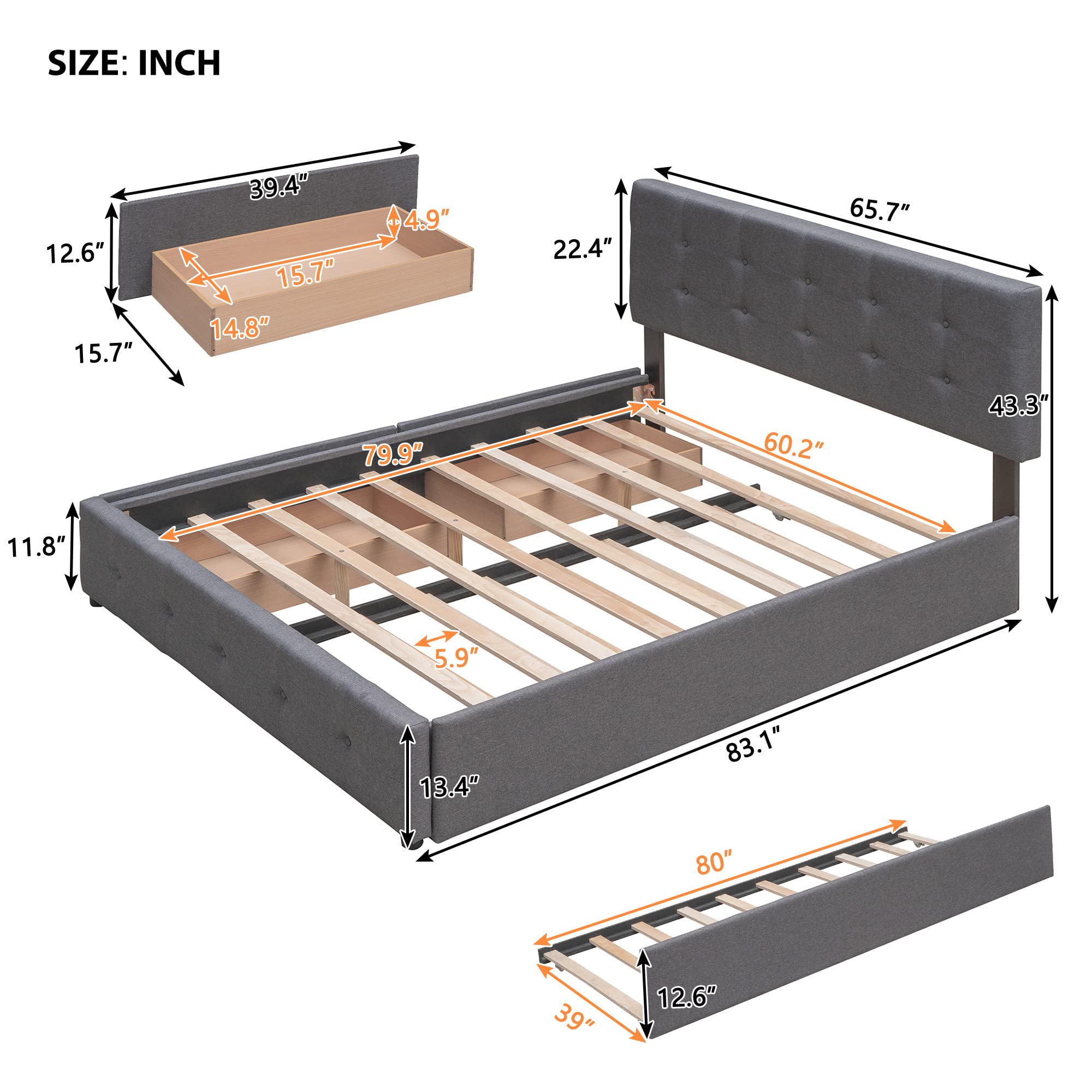 MERITLINE Queen Size Bed with 2 Storage Drawers and a Twin XL Trundle, Upholstered Platform Queen Bed Frame with Tufted Headboard, Linen Fabric, No Box Spring Needed (Dark Gray)