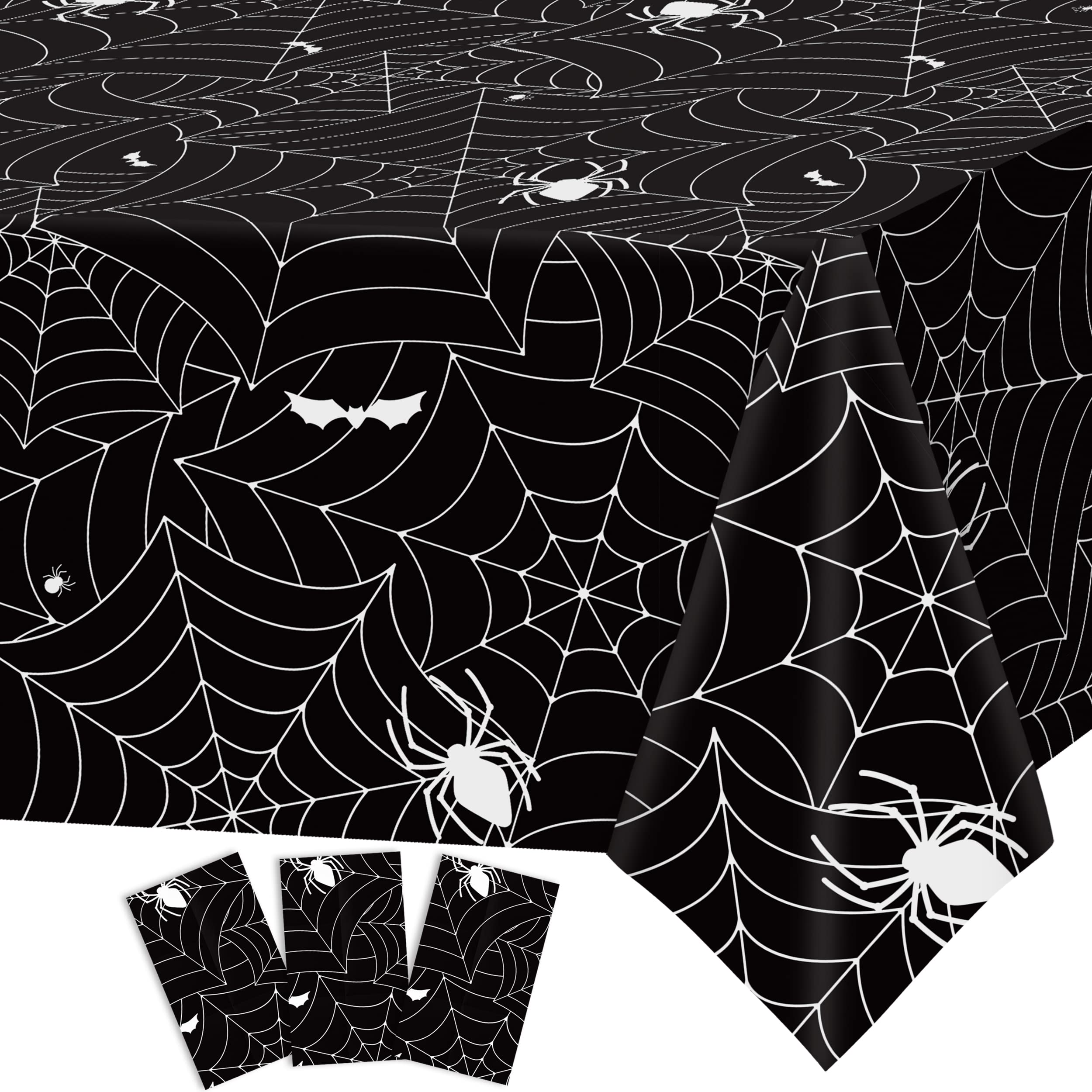 Halloween Tablecloth 3pcs Black Spider Web Tablecloth Halloween Party Decorations Supplies Rectangular Spider Cobweb Plastic Table Cover for Halloween Baby Shower, Birthday Decorations - 54" x 108"